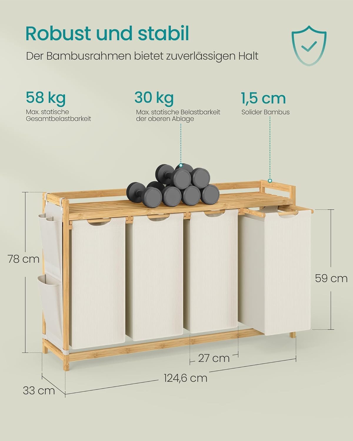 SUHU Wäschekorb Wäschekorb 4 Fächer Bambus Wäschesortierer 200L Ablage & Wäschesäcken (Wäschesortierer 4 Fächer Bambus mit Ablage und abnehmbaren Wäschesäcken 2 – Bild 5 von 5
