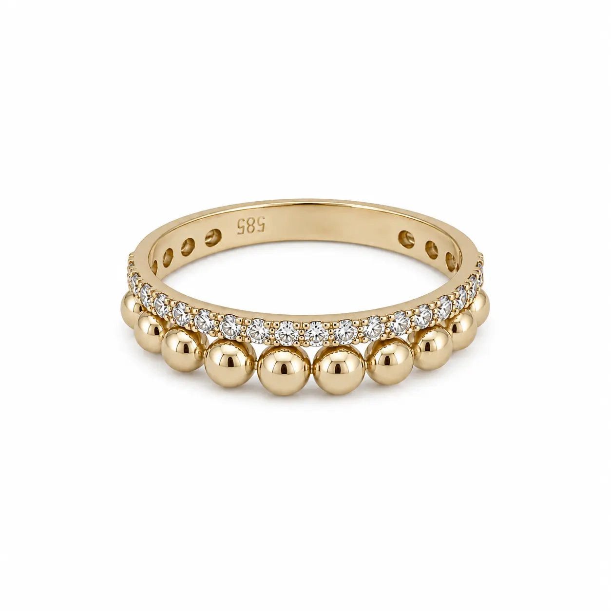 Suzan Gold Goldring 585 Gold Beaded Sparkle Perlreihe Zirkonia Größe 58, Zeitloses Design, vielseitig kombinierbar, ideal als Geschenk