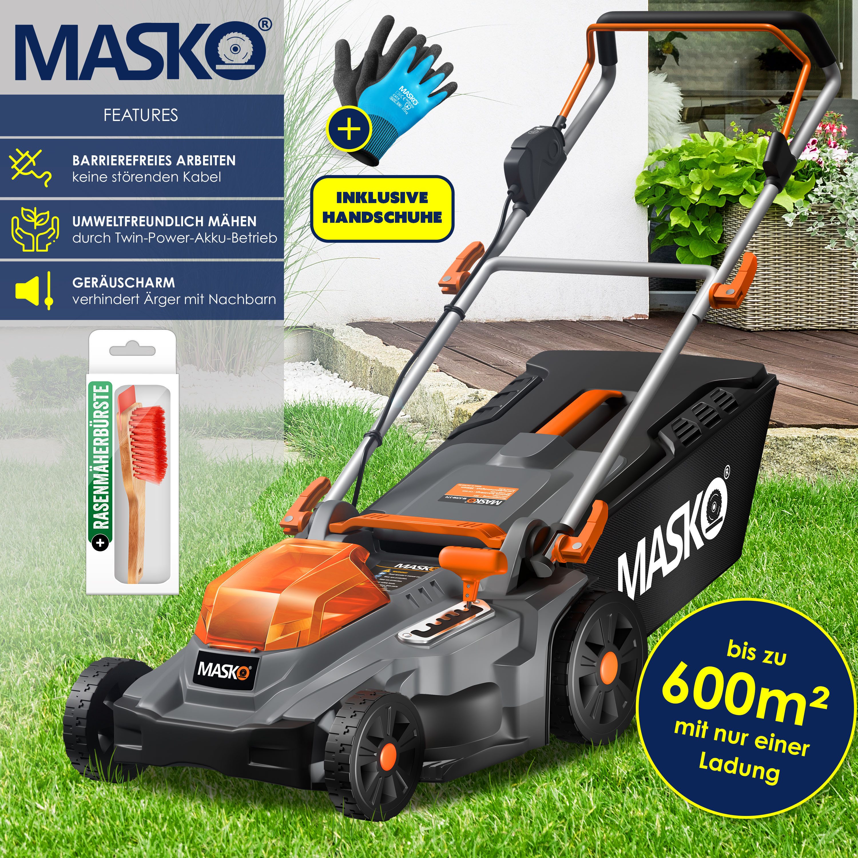 MASKO Akkurasenmäher ECO-X10 43cm Schnittbreite, 55L Fangkorb, 2x 4,0Ah Akkus & Ladegerät, mit Mulchfunktion, 6 Schnitthöhen einstellbar & verstellbare Griffhöhe