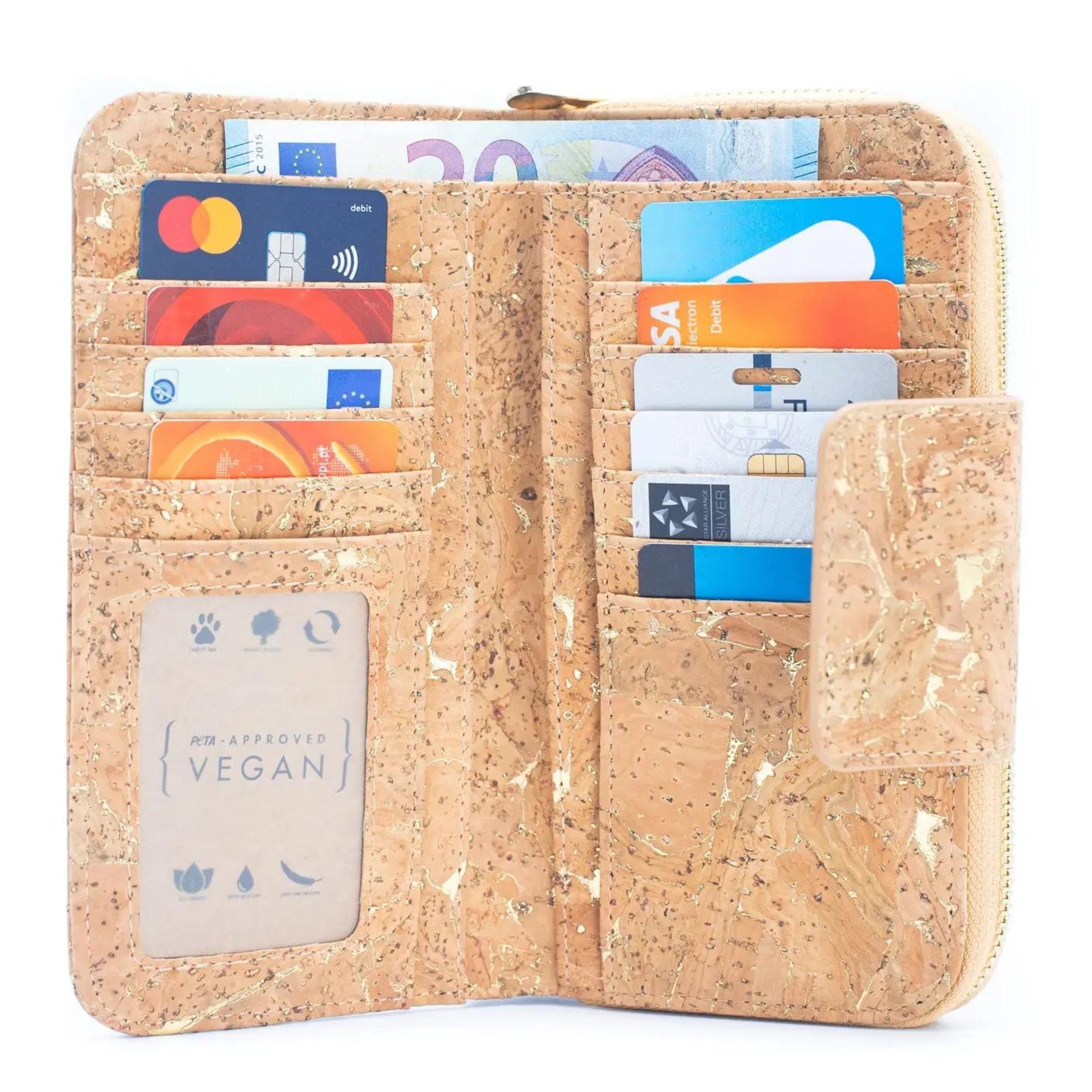 Ella Eisvogel Geldbörse Große vegane Damengeldbörse aus Kork und goldenen Zierapplikationen, weiches echtes Kork + Gold-Zierapplikationen