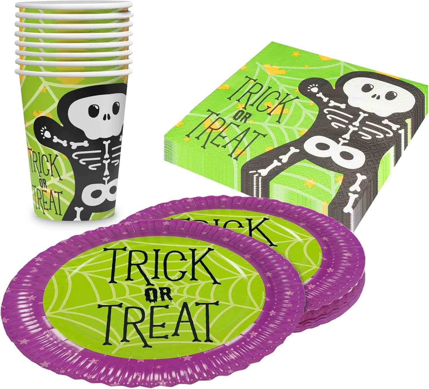 Party Factory Geschirr-Set Halloween Skelett 3-tlg Party-Set mit Becher, Teller und Servietten, 8 Personen, schaurig, spaßig und unkompliziert