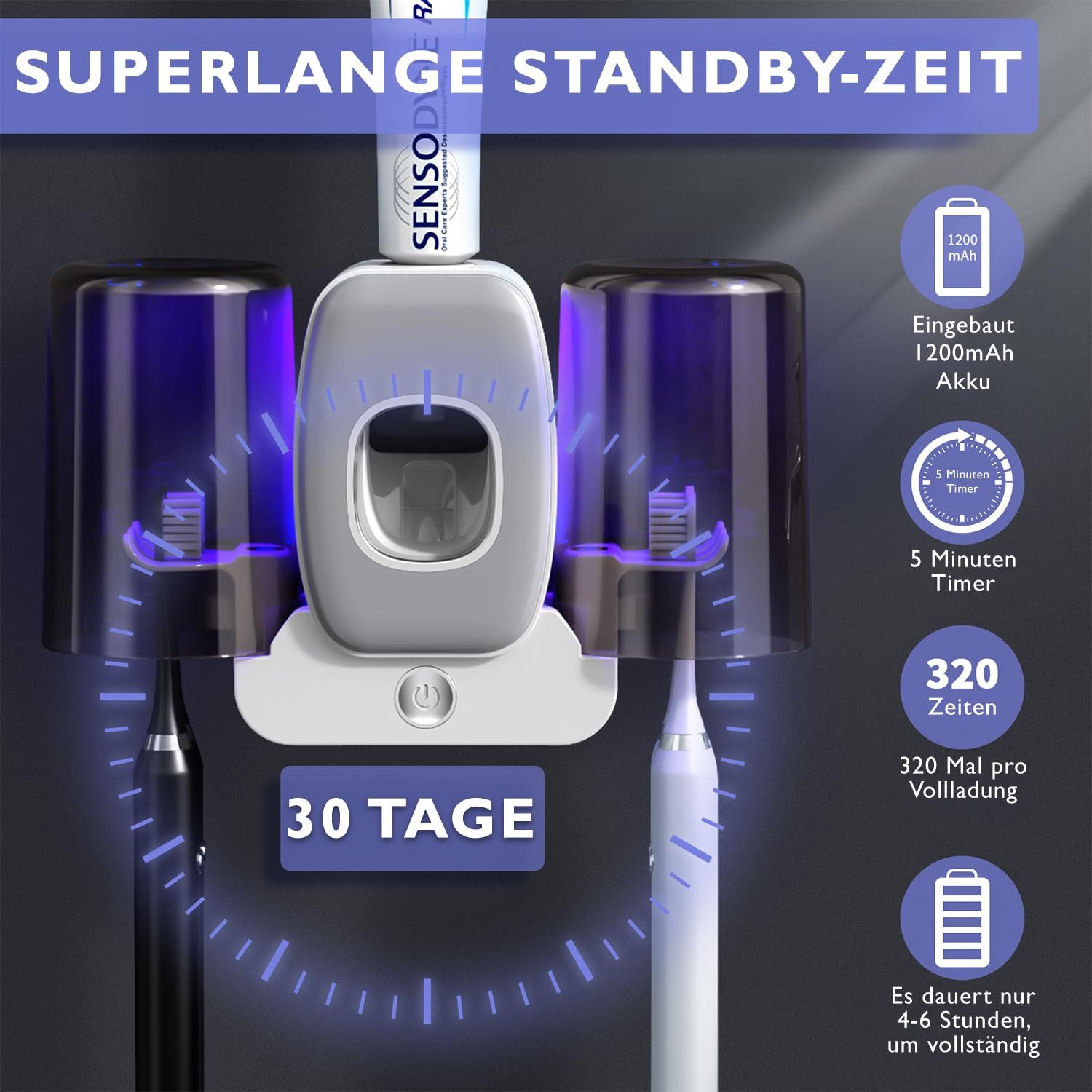 MOPUEA Zahnbürstenhalter Zahnbürstenhalter UV Desinfektions Zahnbürsten Halter mit 4 Schlitze, (Automatischer Zahnpastaspender, mit 2 herausnehmbarer Becher, 1- – Bild 3 von 5
