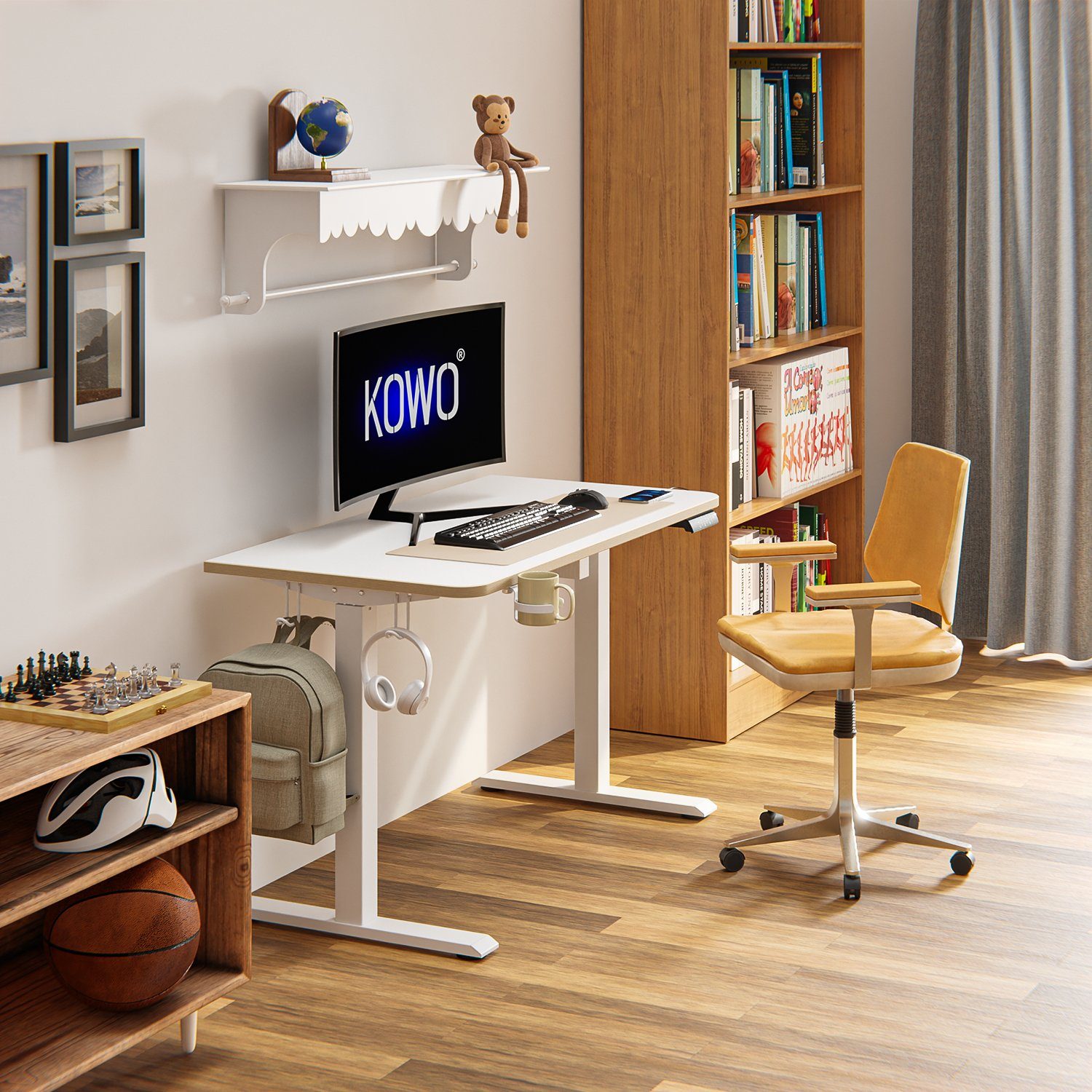 KOWO Schreibtisch 120cm / Elektrisch Weiß Bürotisch, 4 Memory-Steuerung, Home Touchscreen, 160cm Adapter Office, mit höhenverstellbar Schreibtisch USB mit