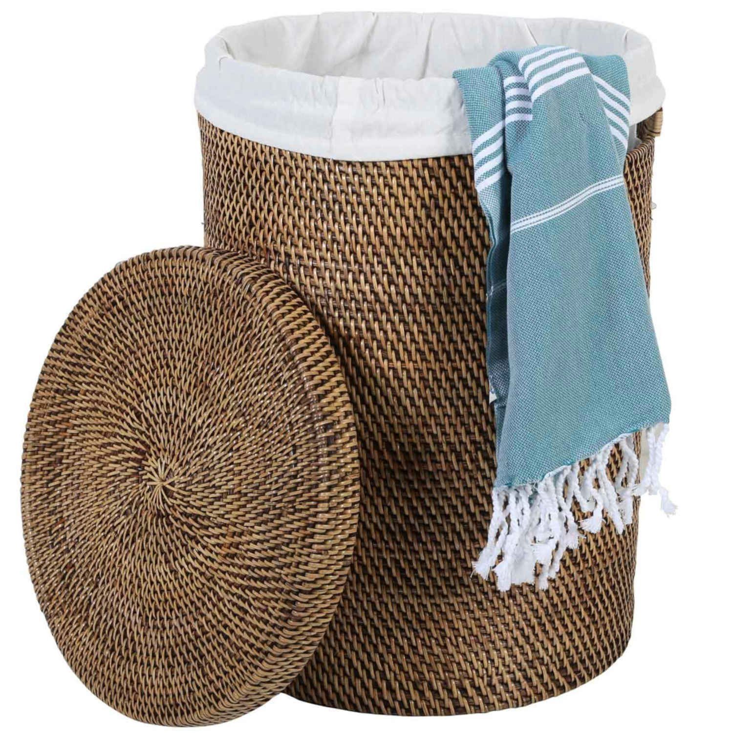 Wäschekorb Rattan Wäschebehälter CLEO BRAUN mit Deckel & Innenfutter