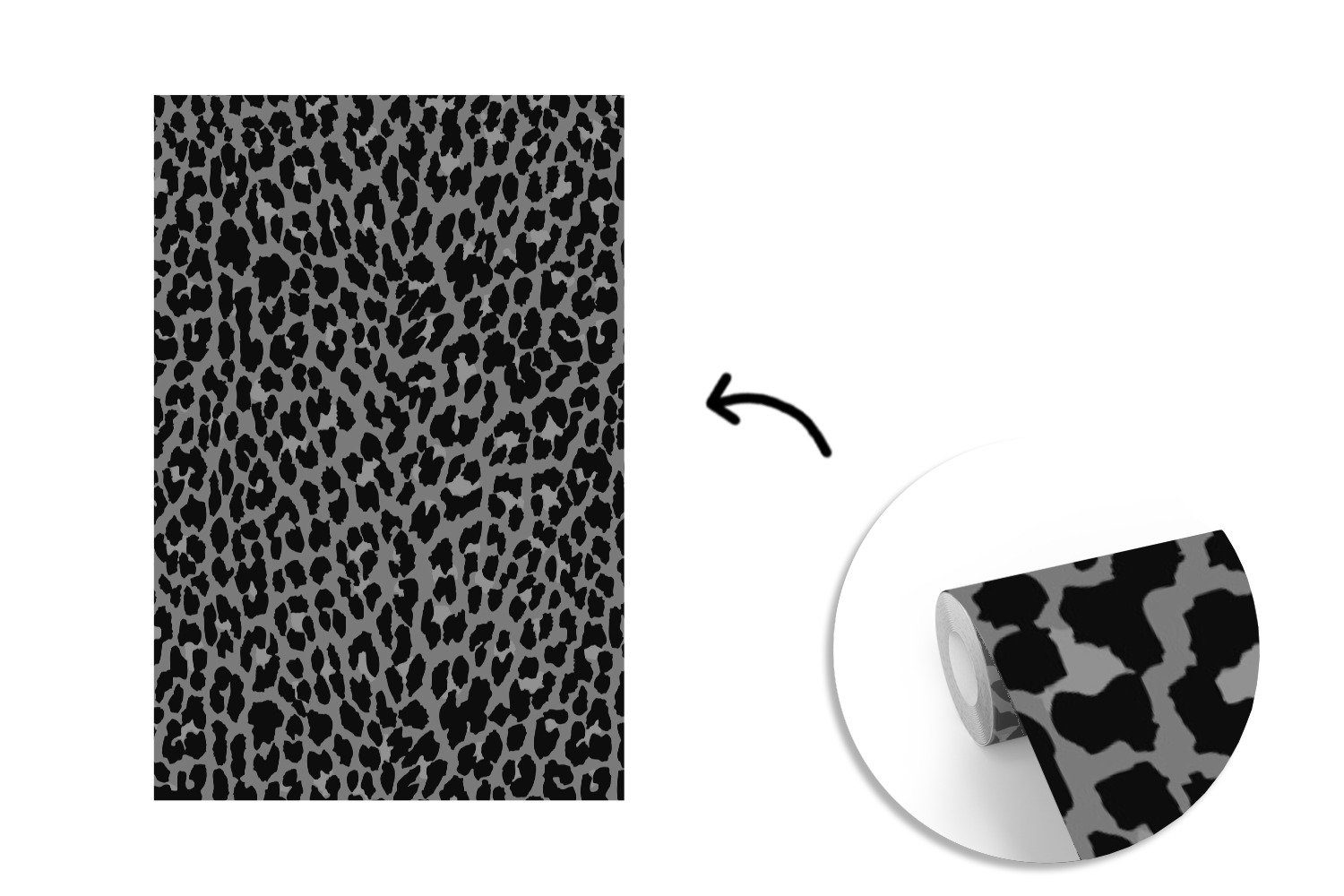 Wandtapete Wohnzimmer, St), Vinyl Tapete - MuchoWow - Montagefertig Leopardenmuster Matt, (3 bedruckt, Grau, Fototapete Design für