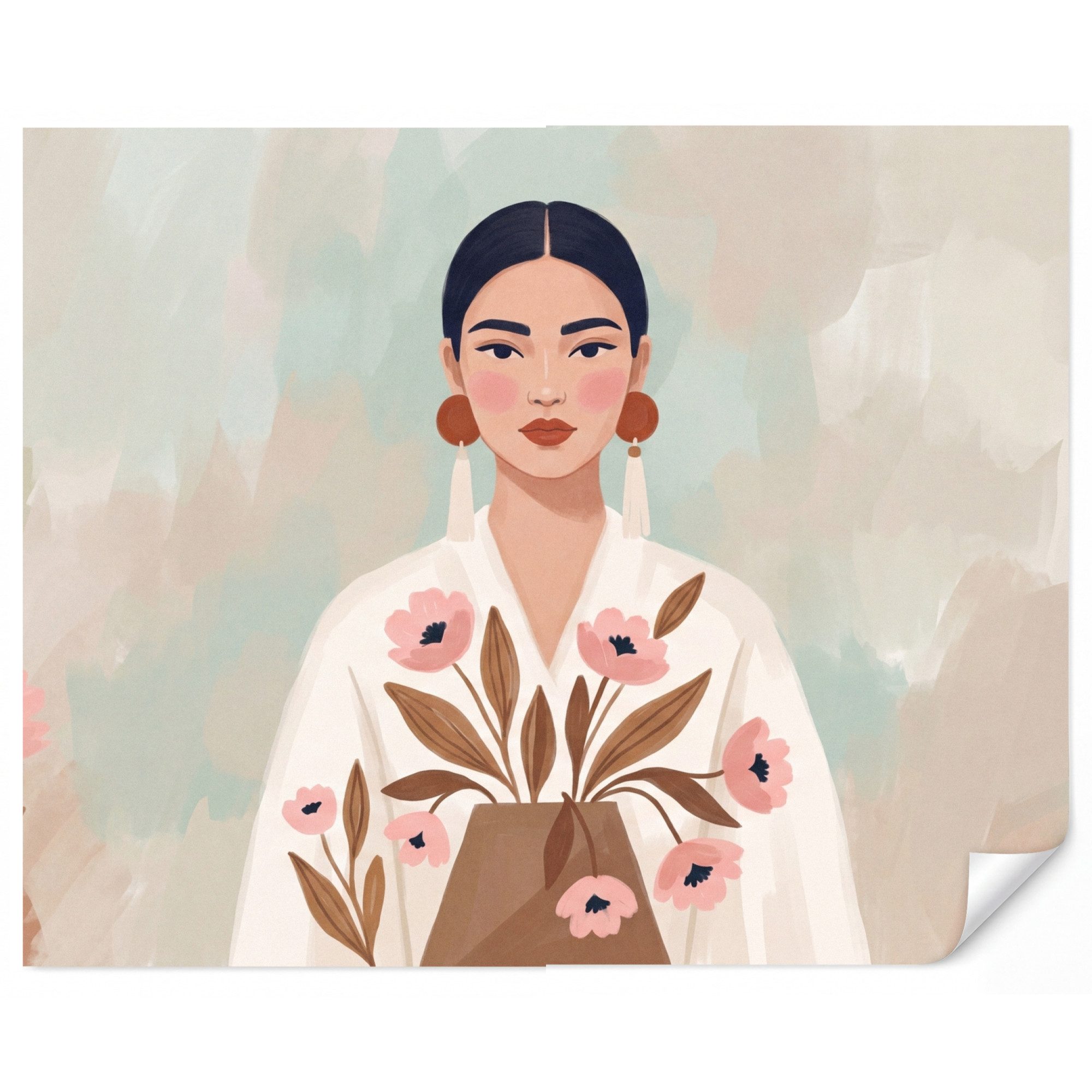 OnlyWow Fototapete Frau - Kimono - Pastell, Matt, bedruckt, Wandtapete, Wohnzimmer, Vinyl Tapete 260x220cm