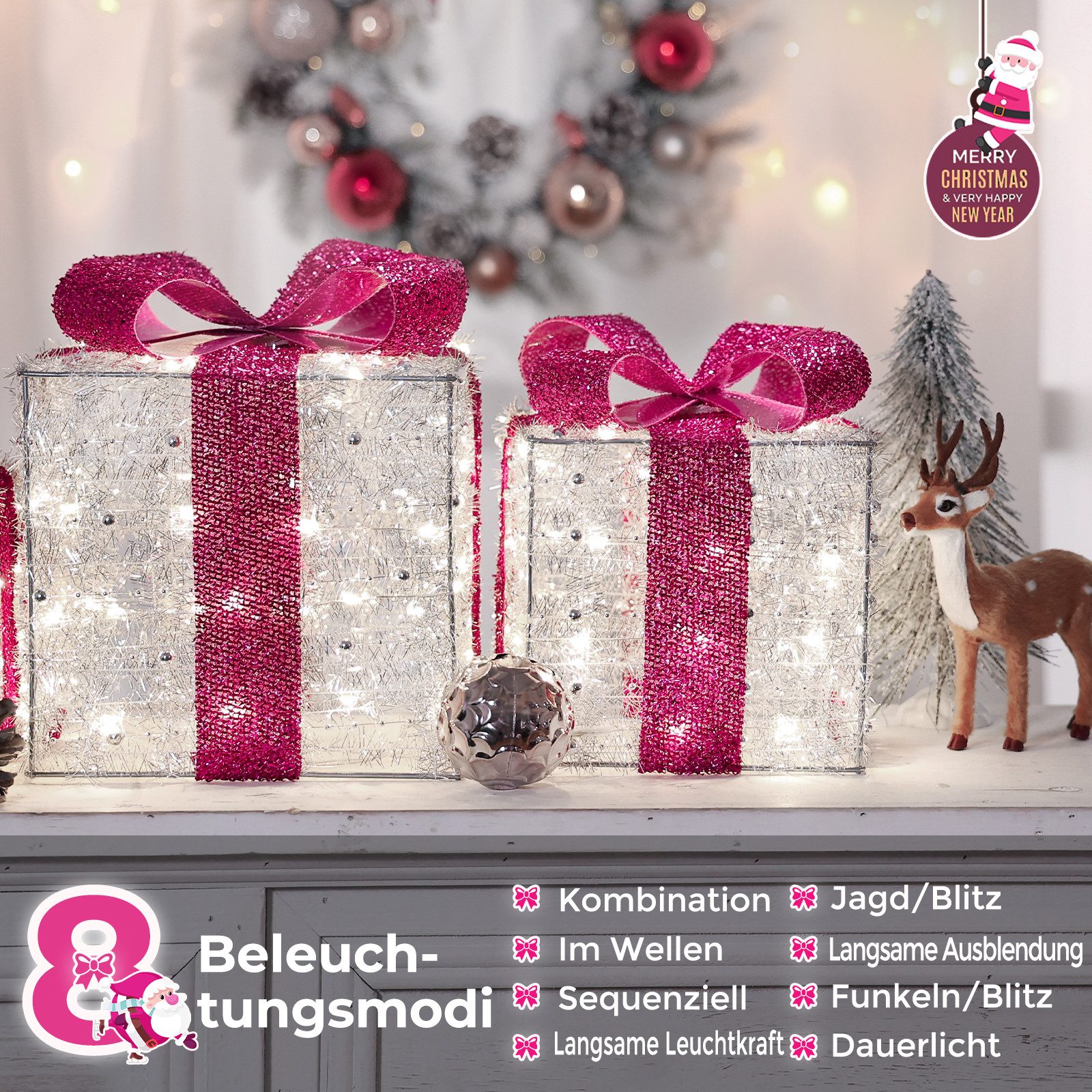 Elegear Weihnachtsfigur 3er Set LED Geschenkbox Weihnachten, Weihnachtsdeko mit Stecker, Timer (3 St), 140 warmweiße LEDs, Weihnachtsbeleuchtung für Baum, Fenster & Innen