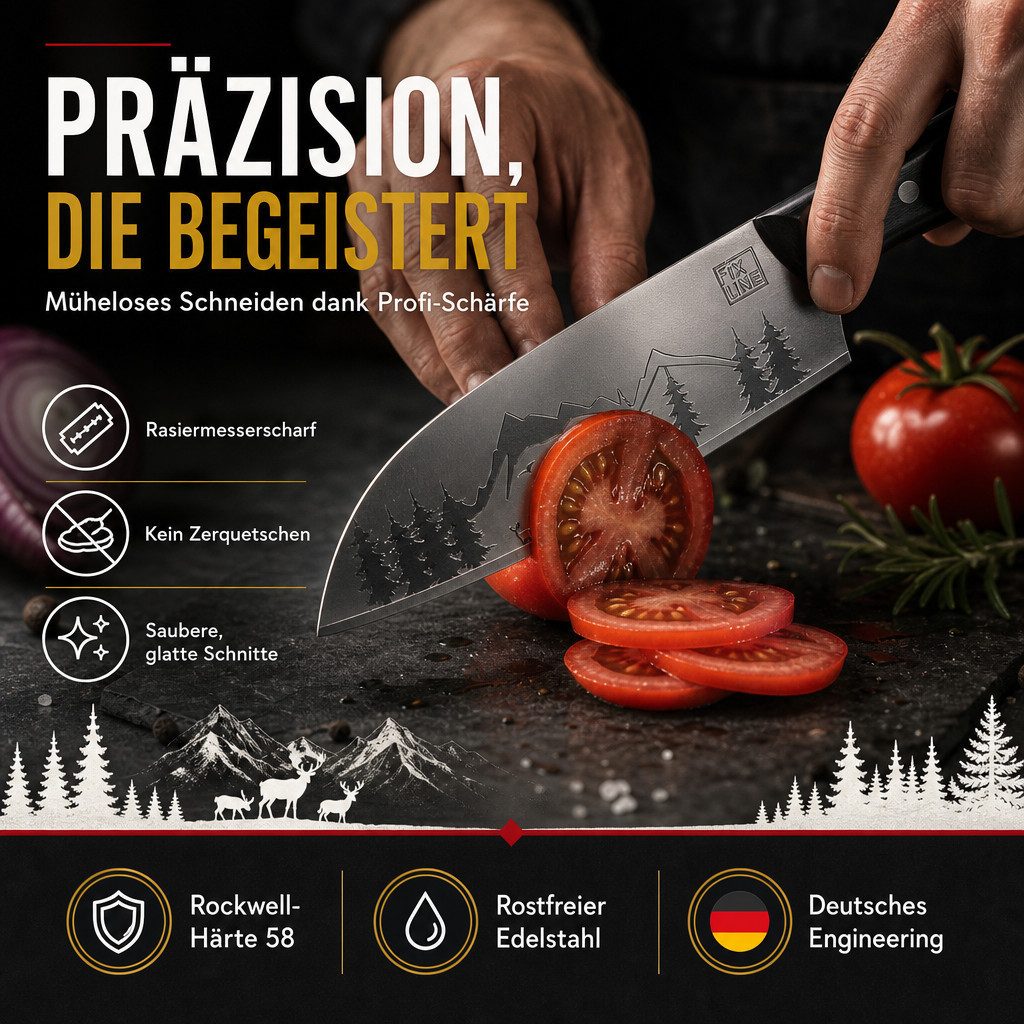 FIXLINE Gemüsemesser Santokumesser 18cm Black Forest Edition Profi-Küchenmesser, Perfekte Geschenkidee – Bild 2 von 5