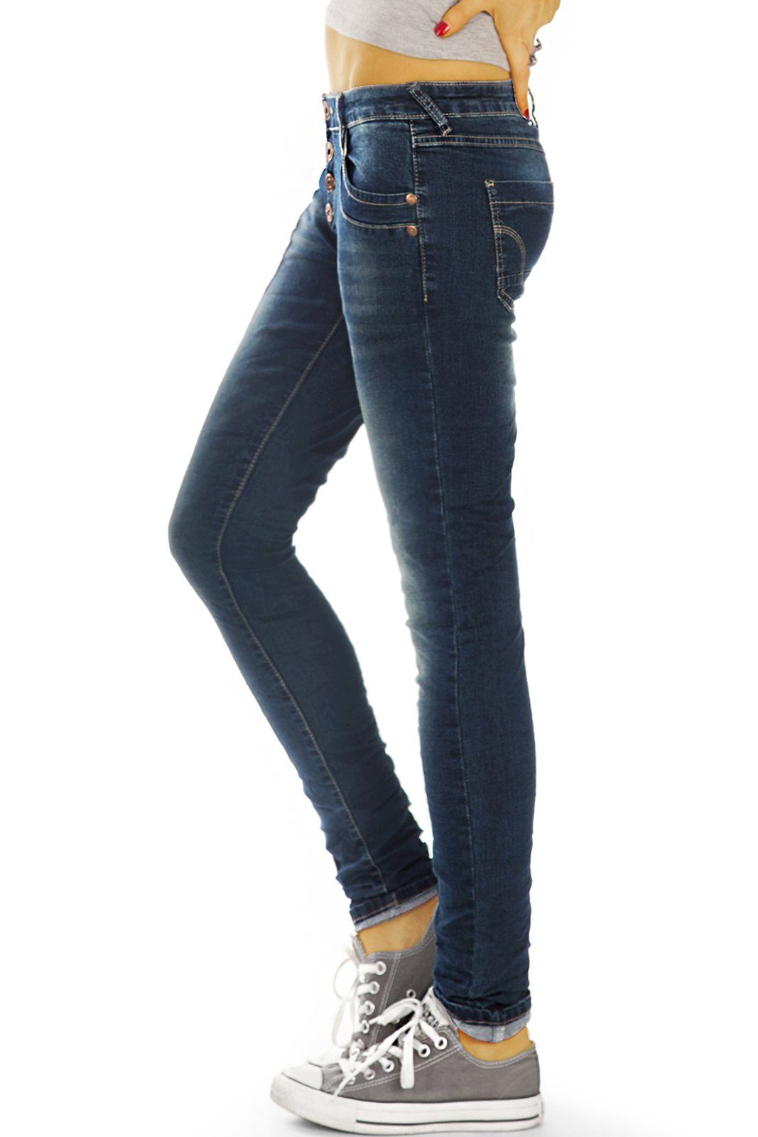 Kinder Teens (Gr. 128 - 182) be styled Low-rise-Jeans tapered Damenjeans, röhrige Hüfthosen mit Knopfleiste j41f