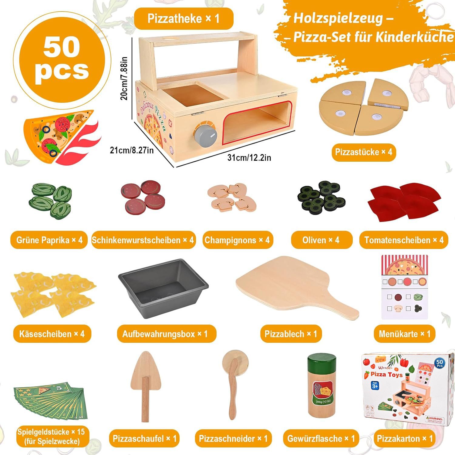 CLTYQ Spielküche 50PCS Interaktive Holz-Pizza-Spielsets, Kinderküche Zubehör, Rollenspiel Lernspielzeug Holzspielzeug - Jungen Mädchen Geschenk