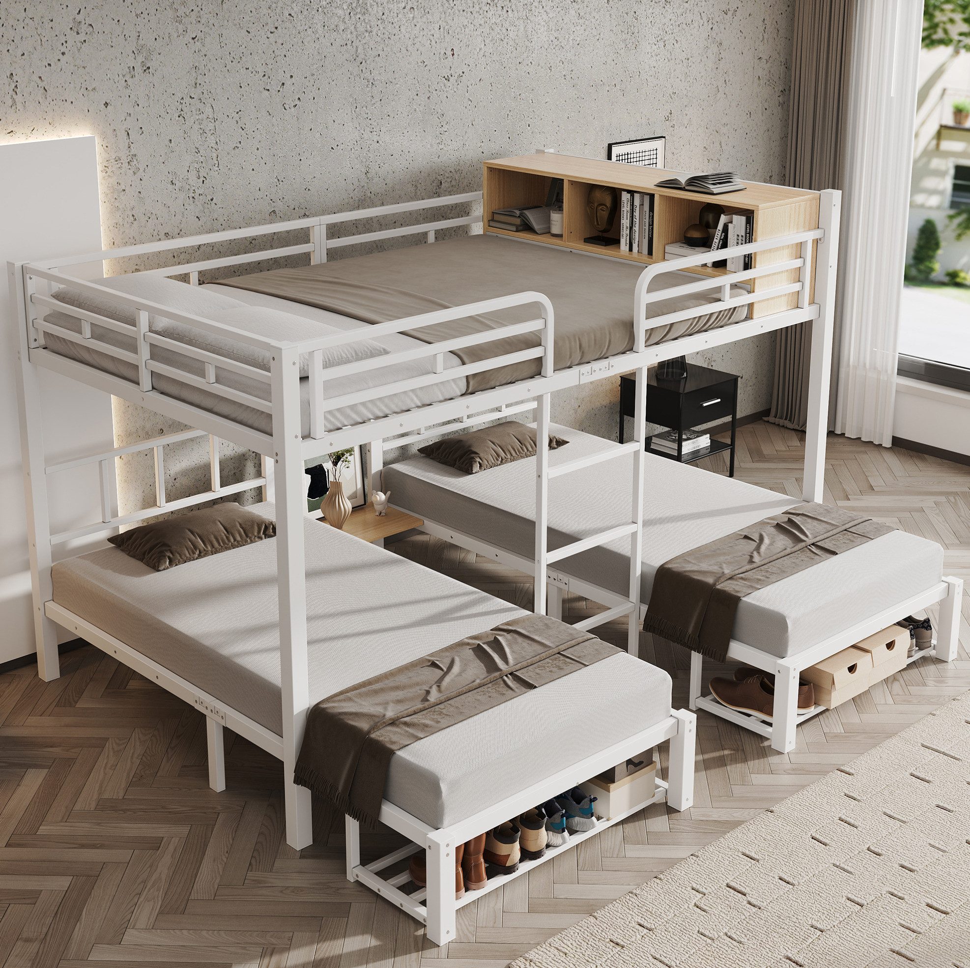 OKWISH Etagenbett Kinderbett (Metallbett mit 3 Schlafplätzen, offenem Regal, Schuhablage und Leiter, 140x200/90x200 cm Jugendbett Funktionsbett), ohne Matratze