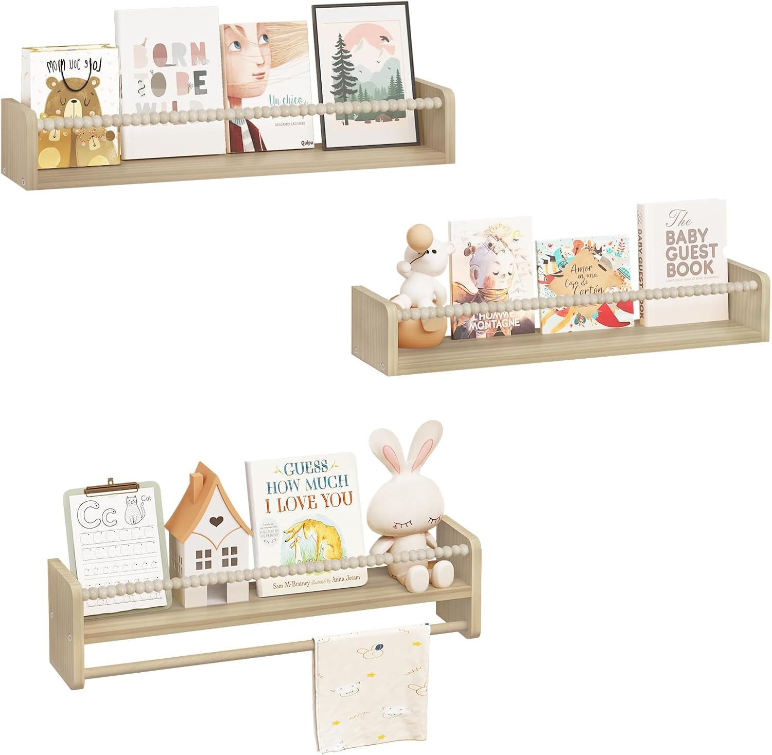 Woltu Kinderregal, 3-tlg., Bücherregal Wand, Montessori Regal, aus Massivholz