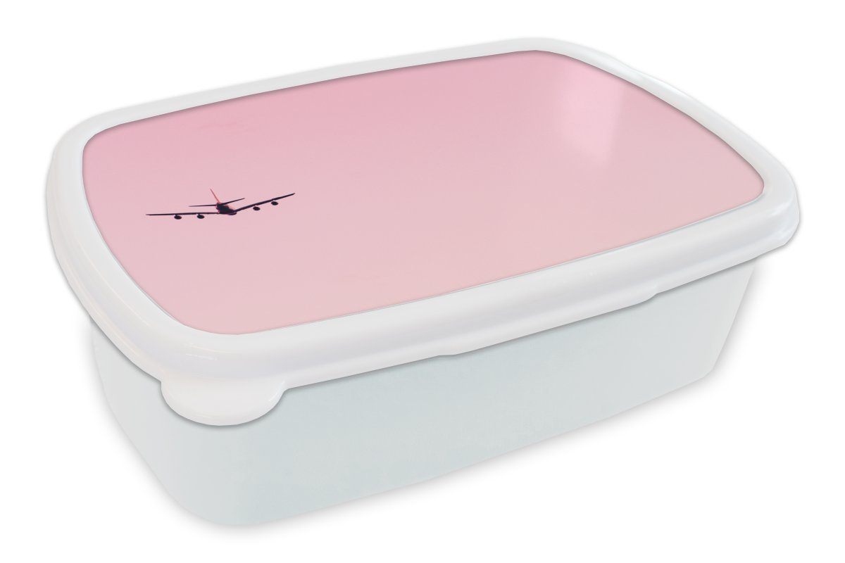 MuchoWow Lunchbox Aufsteigendes Flugzeug in einem rosa Himmel, Kunststoff, (2-tlg), Brotbox für Kinder und Erwachsene, Brotdose, für Jungs und Mädchen weiß