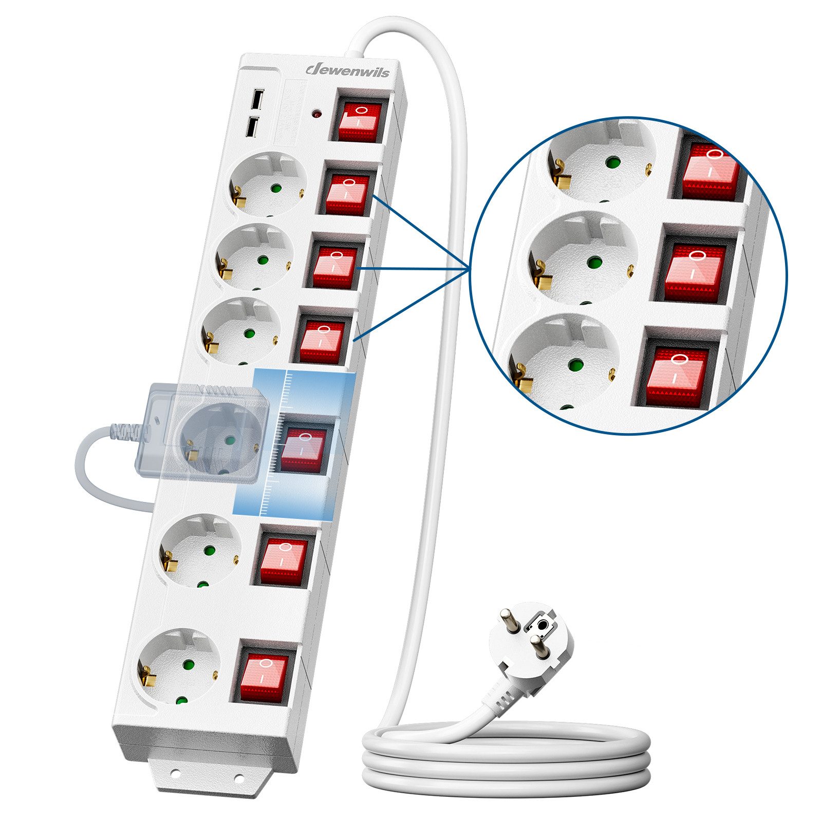 DEWENWILS Steckdosenleiste 6-fach (einzeln schaltbar, USB-Anschlüsse, Kindersicherung, Überspannungsschutz, Kabellänge 2 m), Mehrfachsteckdose mit USB, 16A/3680W