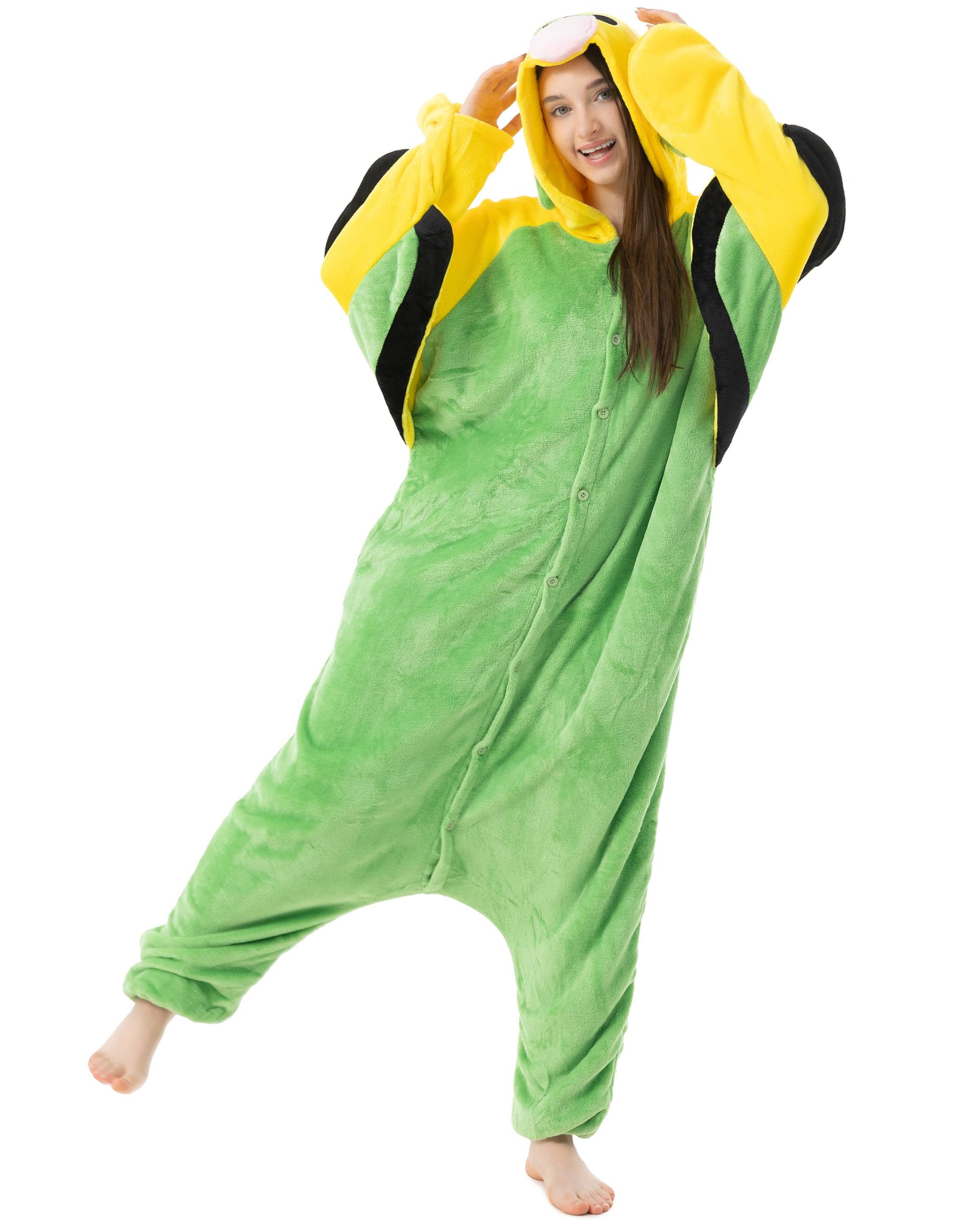 Katara Partyanzug Bauernhoftiere Jumpsuit Kostüm für Erwachsene S-XL, Karneval, Kigurumi - Wellensittich Papagei gelb-grün L (165-175cm)