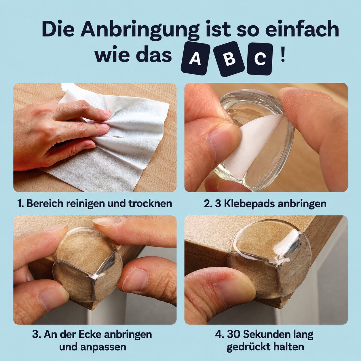 AIMAX Kindersicherung Eckenschutz 24 Stück transparent selbstklebend für Tisch und Möbel, Kantenschutz für Ecken an Holz Glas Metall Schrank und Arbeitsplatte – Bild 4 von 5
