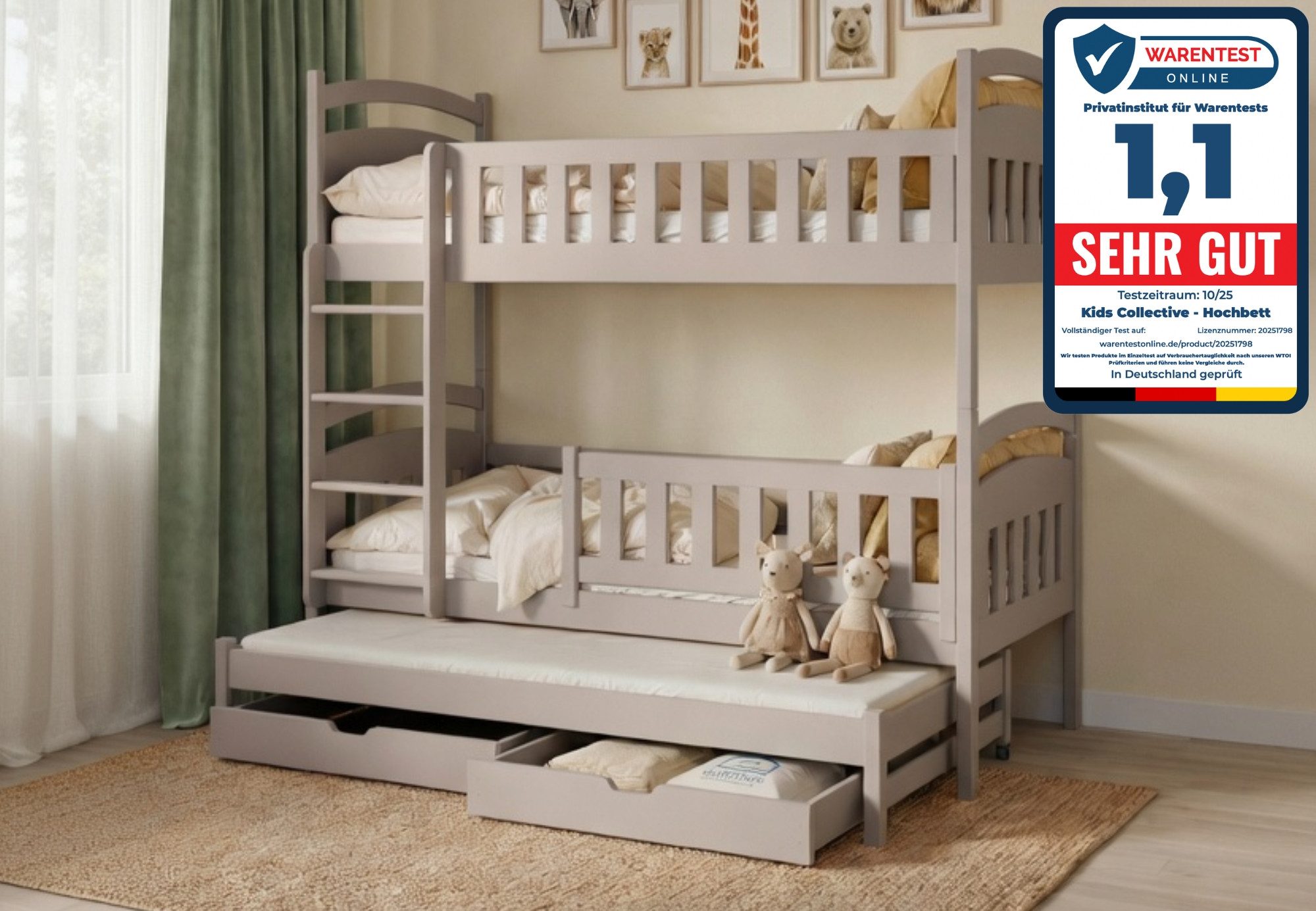 Kids Collective Etagenbett Hochbett Stockbett Kinderbett 90x200 cm mit Ausziehbett und Schubladen (Modell 2025), Umbaubar zu 3 Einzelbetten mit Lattenrosten & Rausfallschutz, Kaschmir
