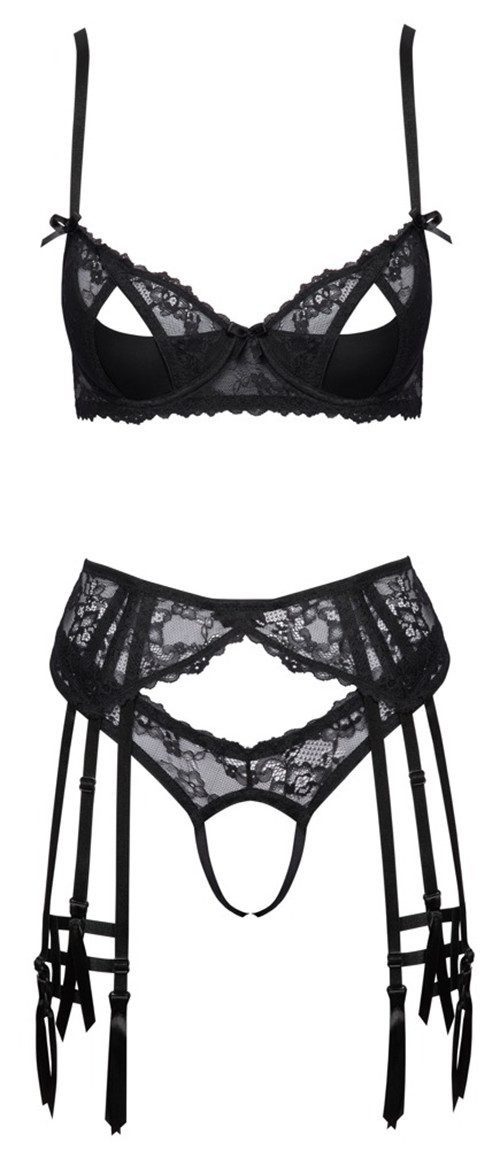 Set: Bügel-BH Dessous-Set: BH, String und Strapsgürtel ouvert - schwarz