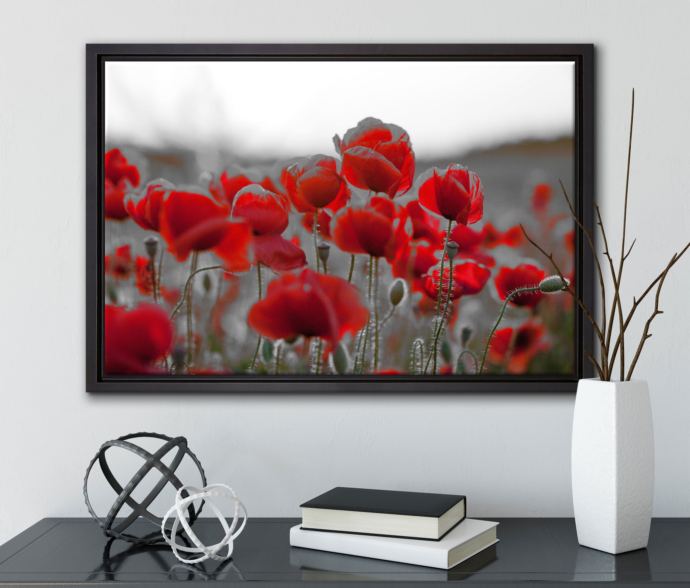 inkl. einem Feuriger Zackenaufhänger Pixxprint fertig (1 Schattenfugen-Bilderrahmen Mohn, St), Wanddekoration gefasst, Leinwandbild Leinwandbild in bespannt,