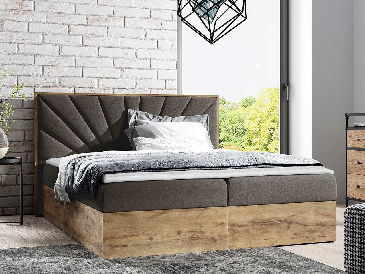MIRJAN24 Boxspringbett Wood VII (mit zwei Bettkästen für die Bettwäsche), Polsterkopfteil, Topper, Bonellfederkern
