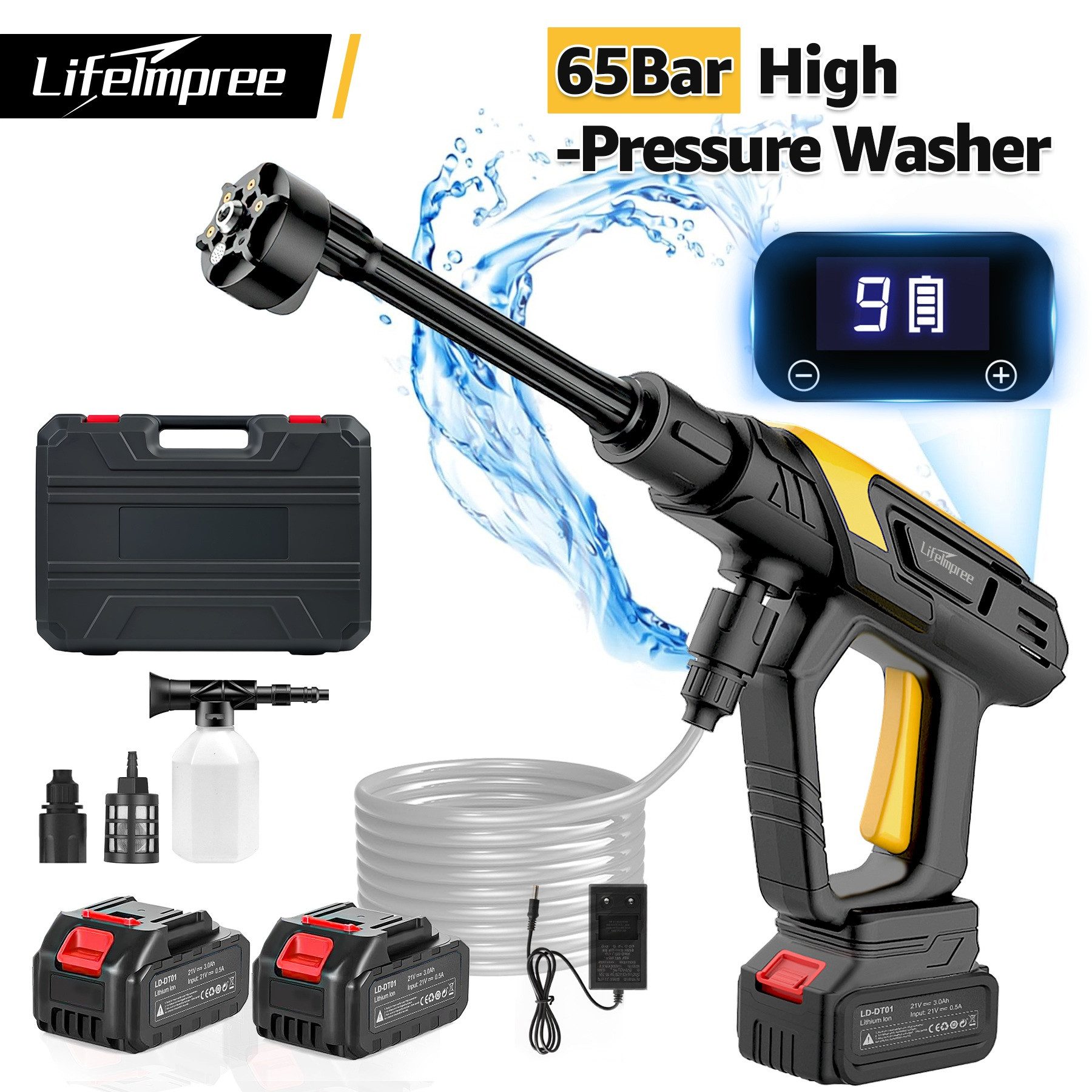 LifeImpree Hochdruckreiniger Akku Hochdruckreiniger mit 9-stufigem Touch-Modus, 2×3,0-Ah-Akkus, Druck max: 65 bar, 200 W, Fördermenge max: 300 l/h, 6-in-1 Düse & Schaumsprüher, 5 m PVC-Faser Schlauch für Auto & Garten