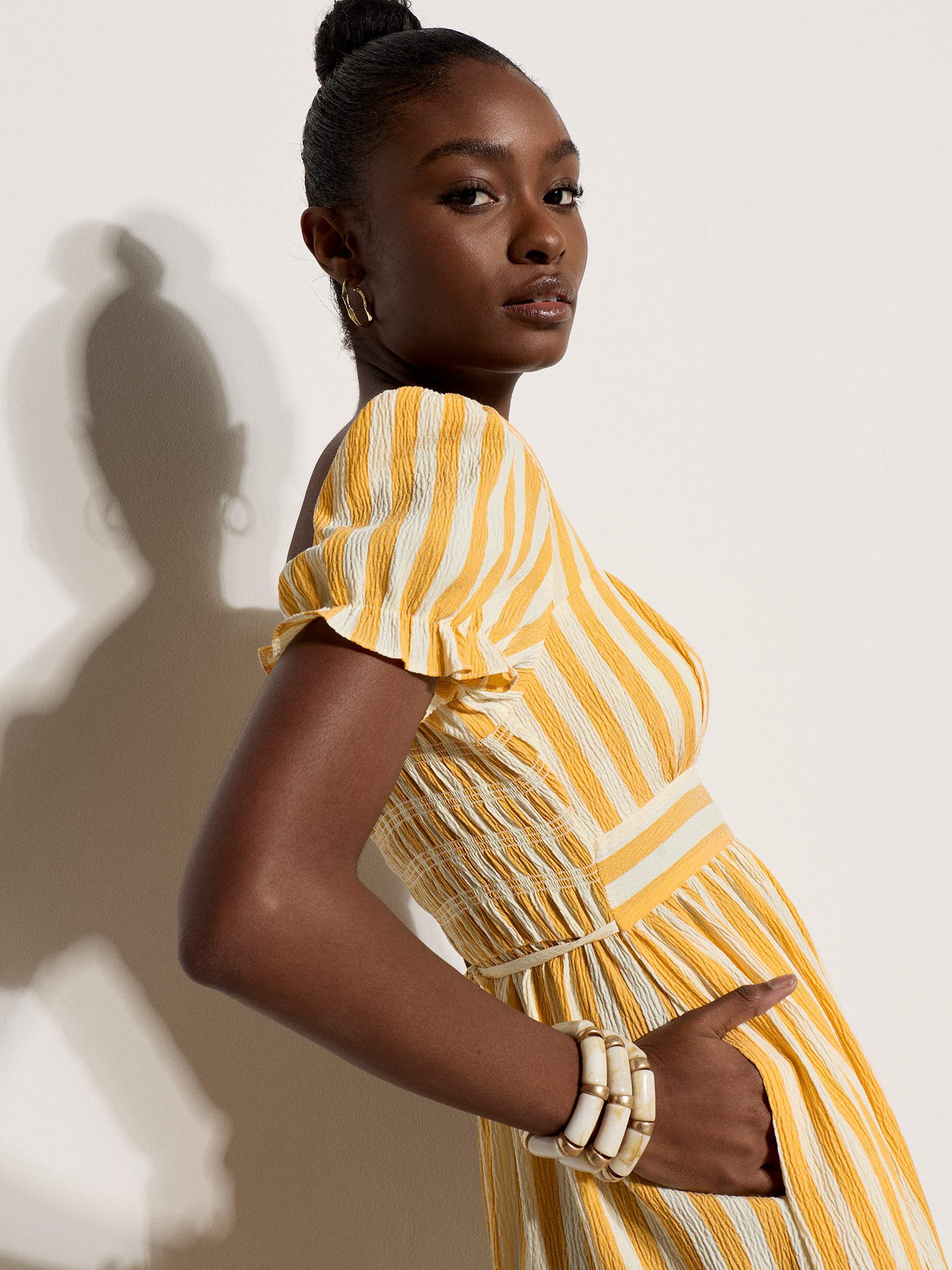 Apricot Midikleid Gestreiftes Midaxi-Kleid im Milchmädchen-Stil mit Raffung