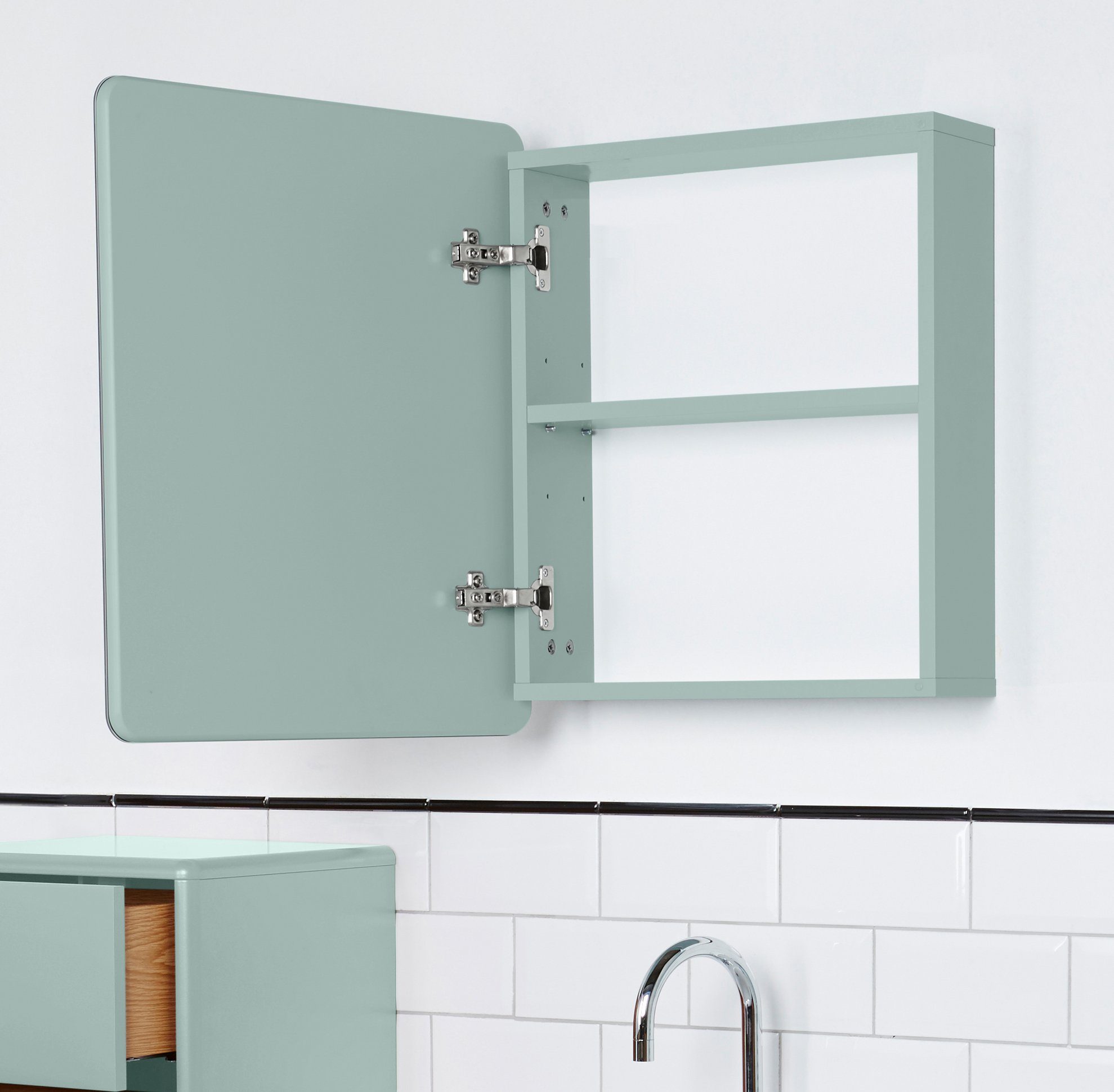 in Badspiegel TAILOR Ecken, Farben, lackiert mit MDF Mirror mit sage_076 Stauraum, Tür - Tür gerundeten HOME seidenmatt - TOM aus mit COLOR BATH vielen Small