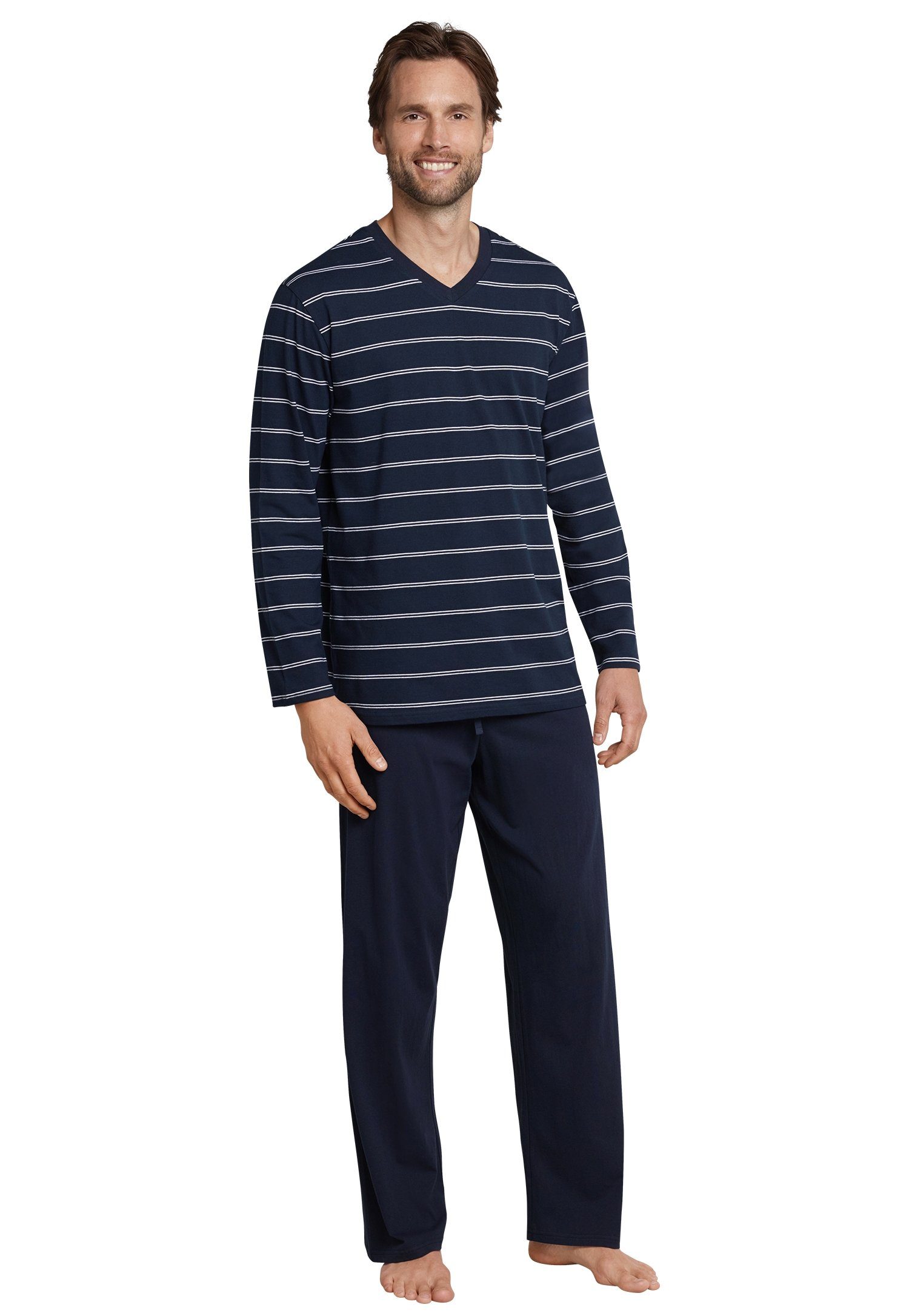 Unterteil lang / mit weißen feinen Schiesser Schlafanzug navy Streifen navy Pyjama