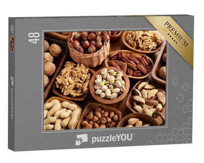 puzzleYOU Puzzle Verschiedene Sorten von Nüssen in Holzschalen, 48 Puzzleteile, puzzleYOU-Kollektionen Nüsse
