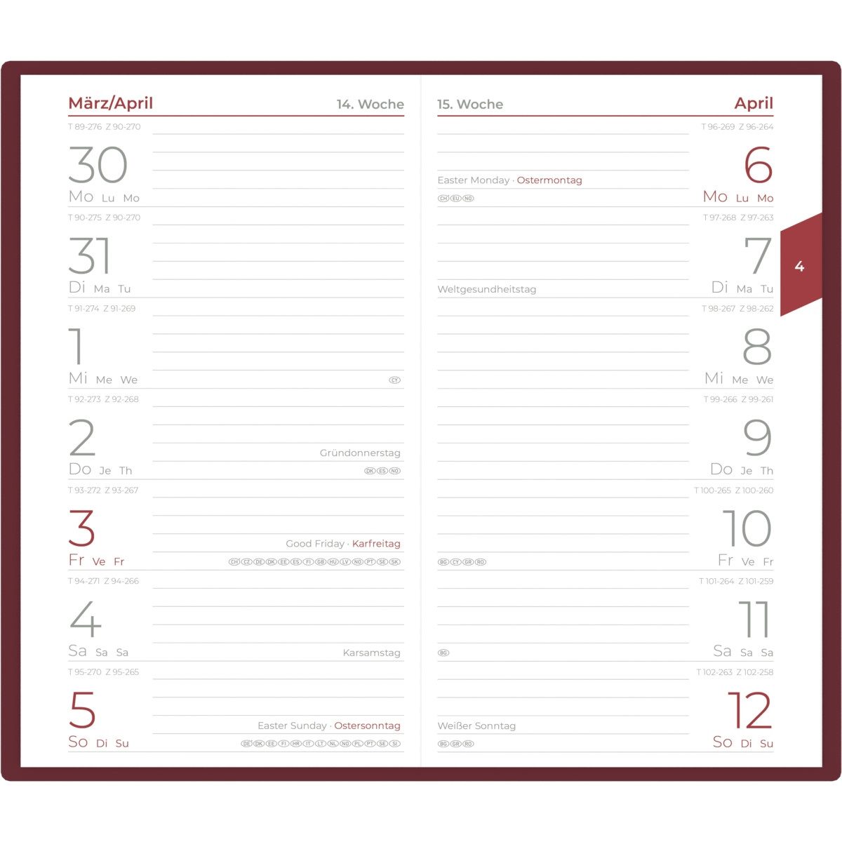 Thumbnail - ZETTLER Taschenkalender Taschenplaner 540 9,5x16cm 1 Woche/1 Seite bordeaux 2026