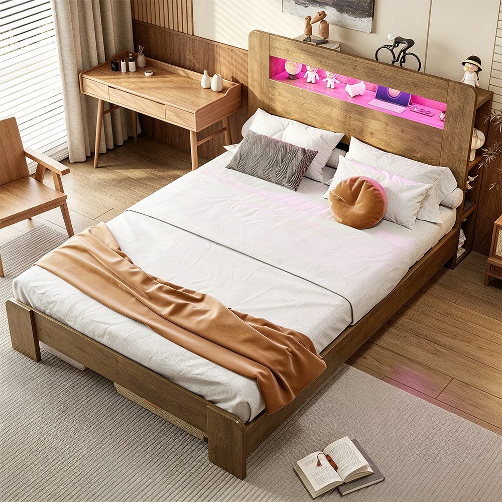 MODFU Funktionsbett mit praktischem Stauraum im Kopfteil, Einzelbett Stauraumbett (mit LED-Leiste und integrierten Steckdosen), ohne Matratze