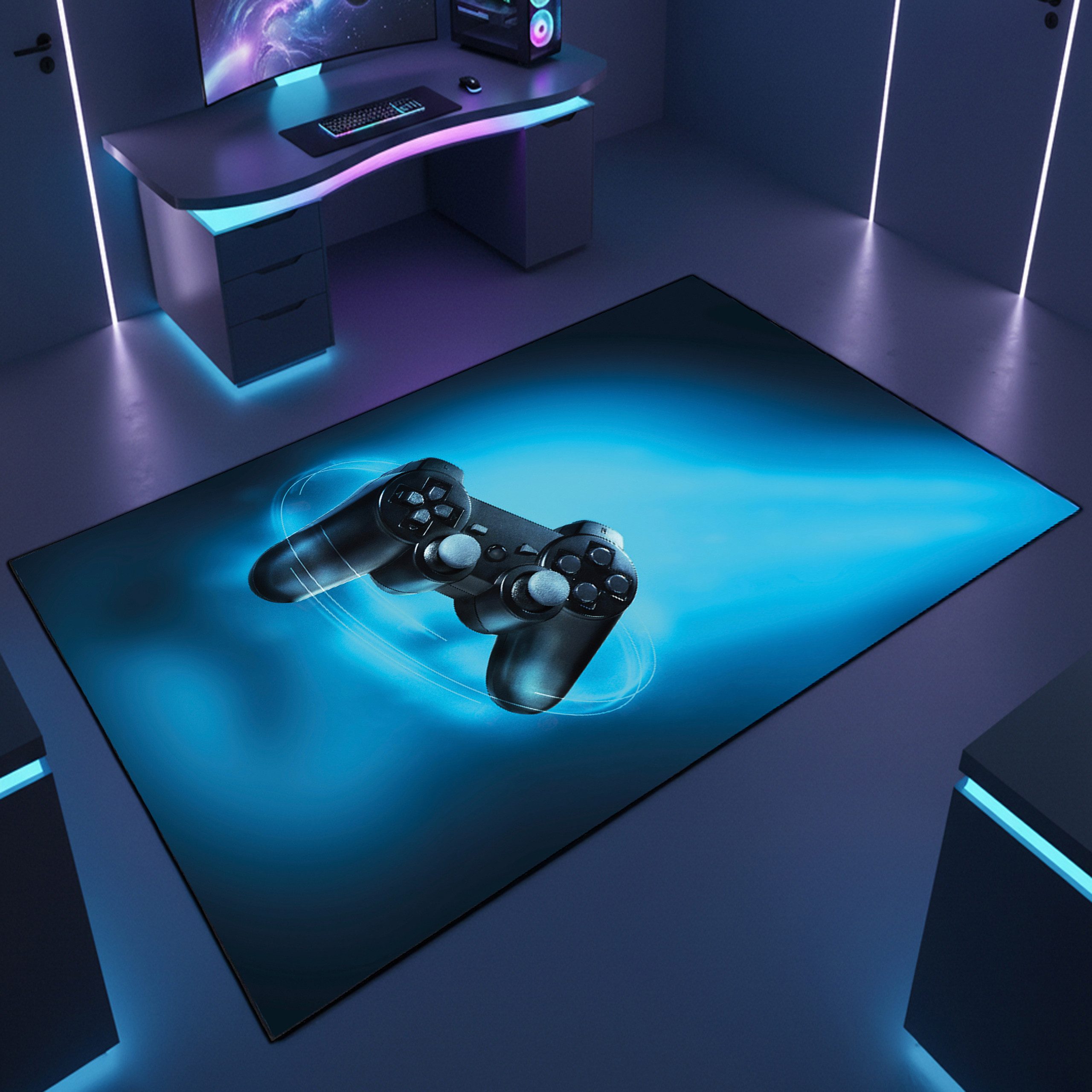 TeppichHome24 Teppich Gaming Teppich mit neonfarbigen Symbolen, rechteckig, pflegeleicht, gleichmäßige Oberfläche, für Fußbodenheizung geeignet