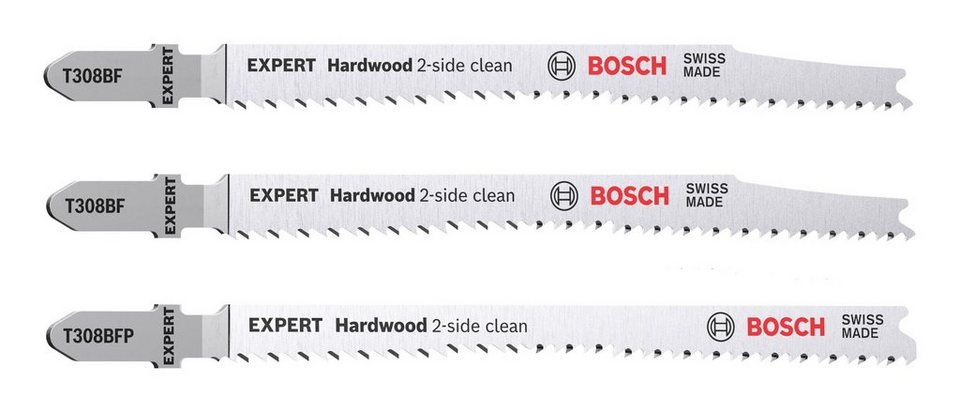 Bosch Professional Stichsägeblatt EXPERT Hardwood 2-side clean (Set, 3-St),  T308BF/BFP, Für Hartholz und abrasive