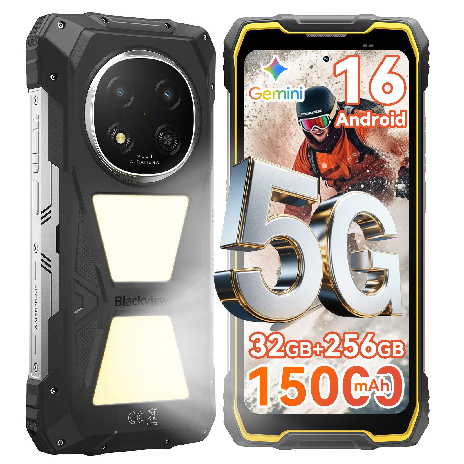 blackview ROCK 2 Pro 5G, 15000 mAh, 400 Lm Campinglicht, IP69K, Outdoor Smartphone (16,94 cm, 256 GB Speicherplatz, 13 MP Kamera, Campinglicht, SOS-Modus, OTG Reverse Charging, Glove Mode, 33W)