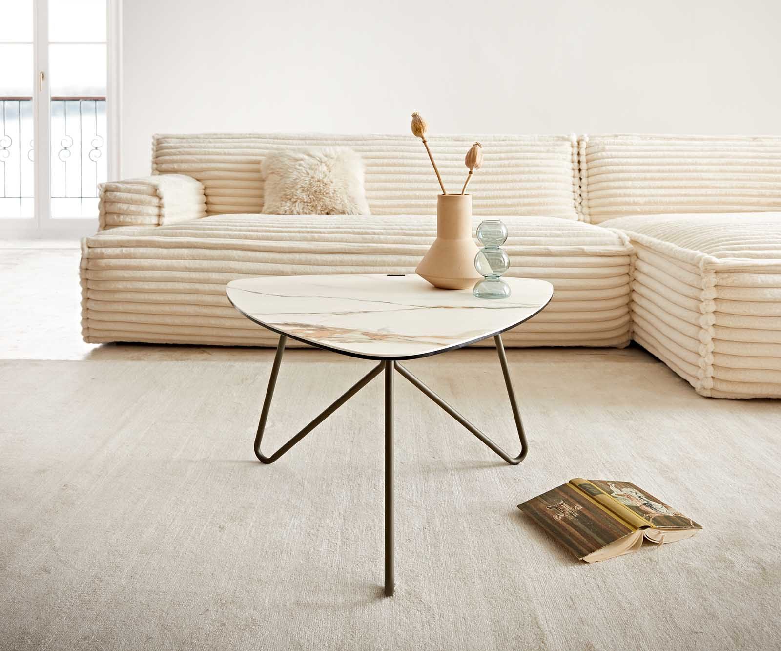 DELIFE Couchtisch Ekrem, Keramik Calacatta Luxe Weiß-Gold-Grau 65x65 cm Hairpin rund Metall Eff