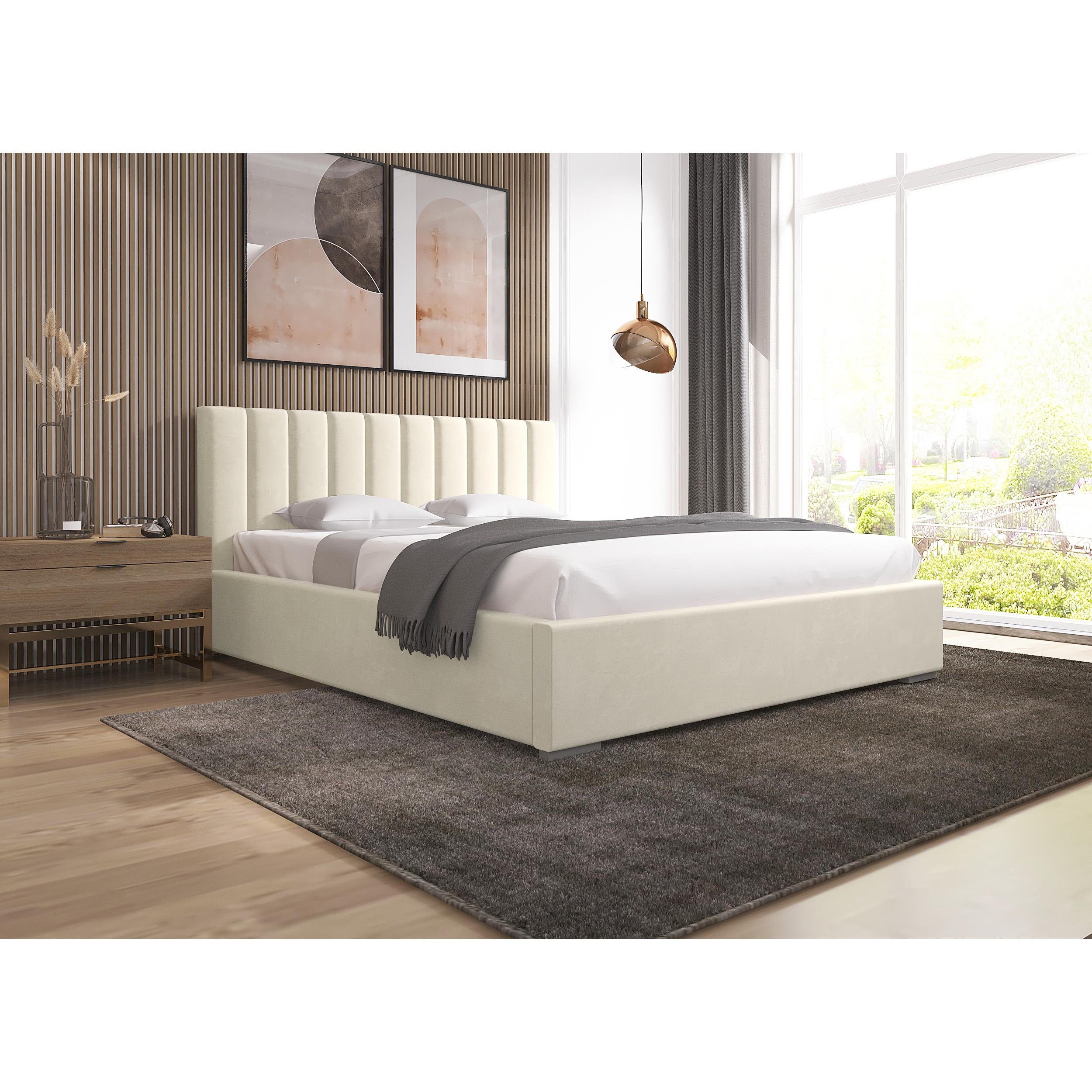 Beautysofa Polsterbett Adeline (stilvoll Bett mit Velvet-Bezug, Beige Polsterbett 120 x 200 cm), mit Bettkasten, mit Holzgestell Beige (mono 231)
