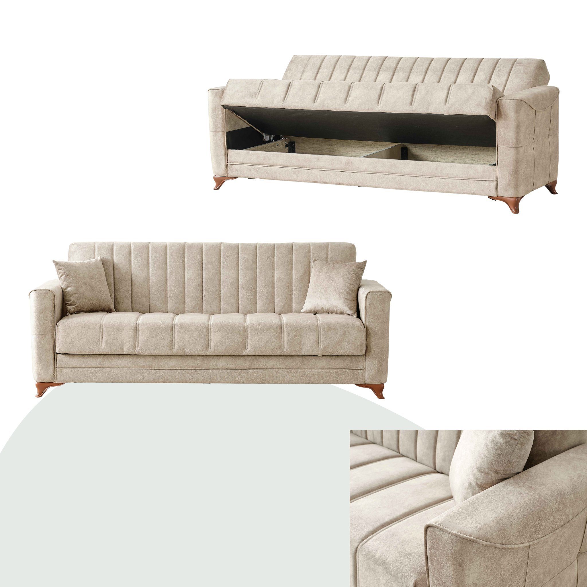 gowoll 3-Sitzer Sofa mit Schlaffunktion Beige Schlafsessel und Stauraum Gästebett