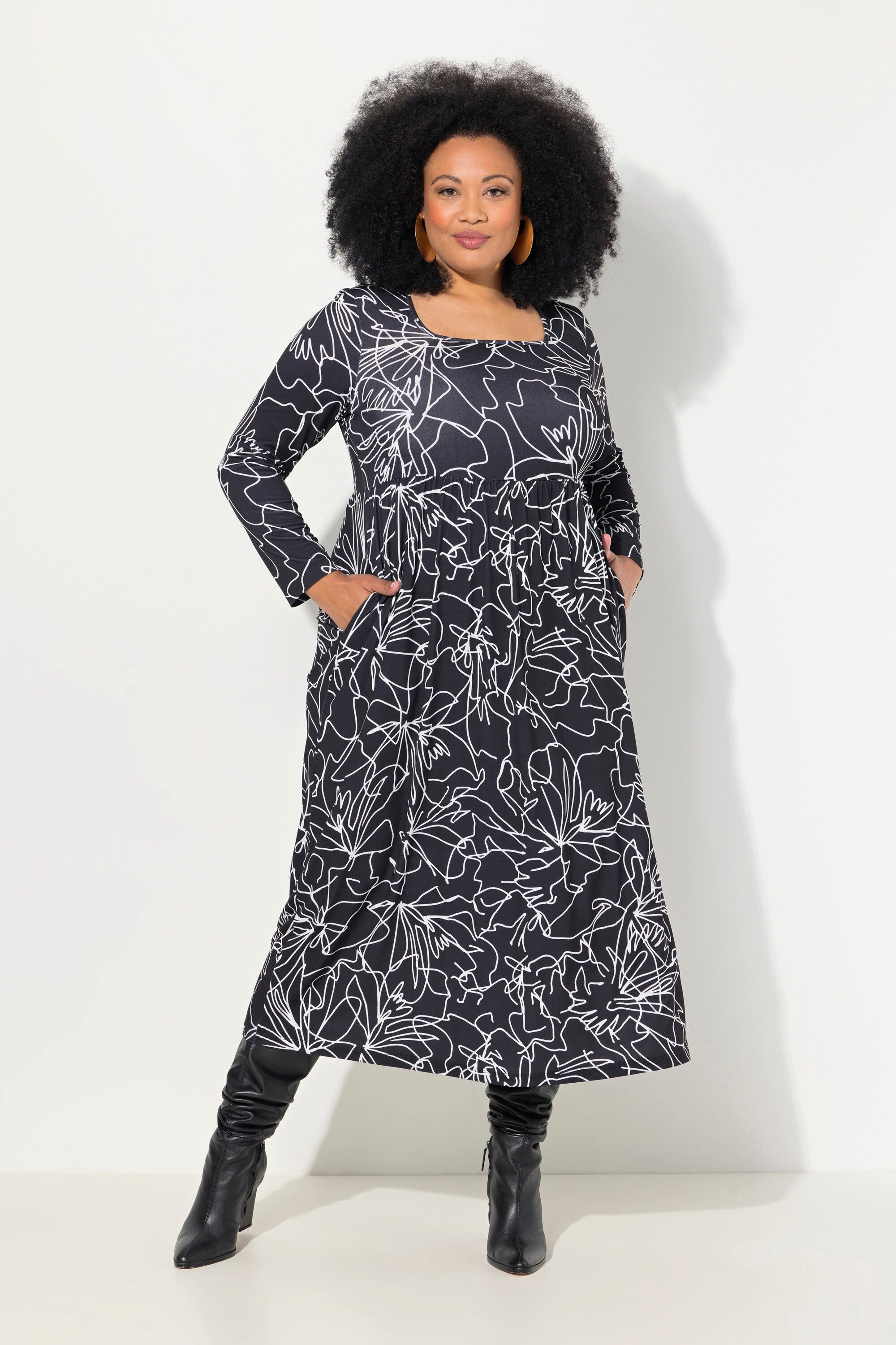 Maxikleid Jerseykleid A-Linie Carree-Ausschnitt Langarm