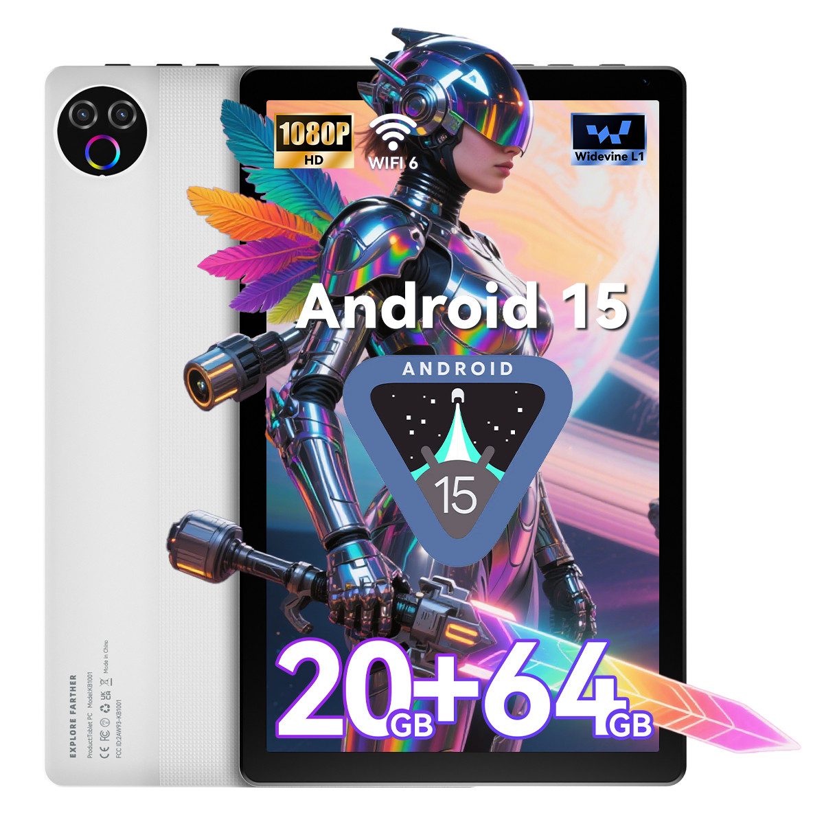 BUFO 10 Zoll 20 (3+17) GB RAM 64 GB ROM 1 TB Erweiterbar WiFi 6 Android 15 Tablet (10", 64 GB, Android 15, Dual-band (5GHz/2.4GHz) Wi-Fi, 5-Kern-Prozessor, 1280x800 HD IPS, Dual-Kamera)