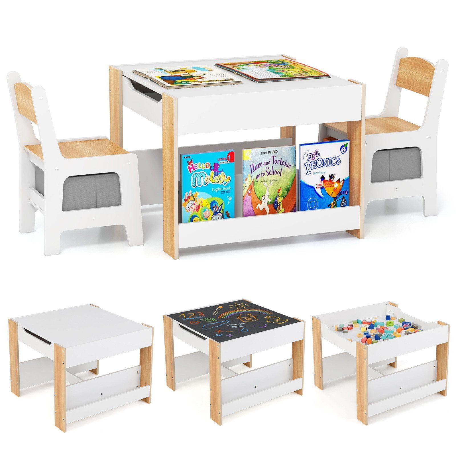 COSTWAY Kindersitzgruppe, (3-tlg), Holz mit Aufbewahrungsboxen & Bücherregalen