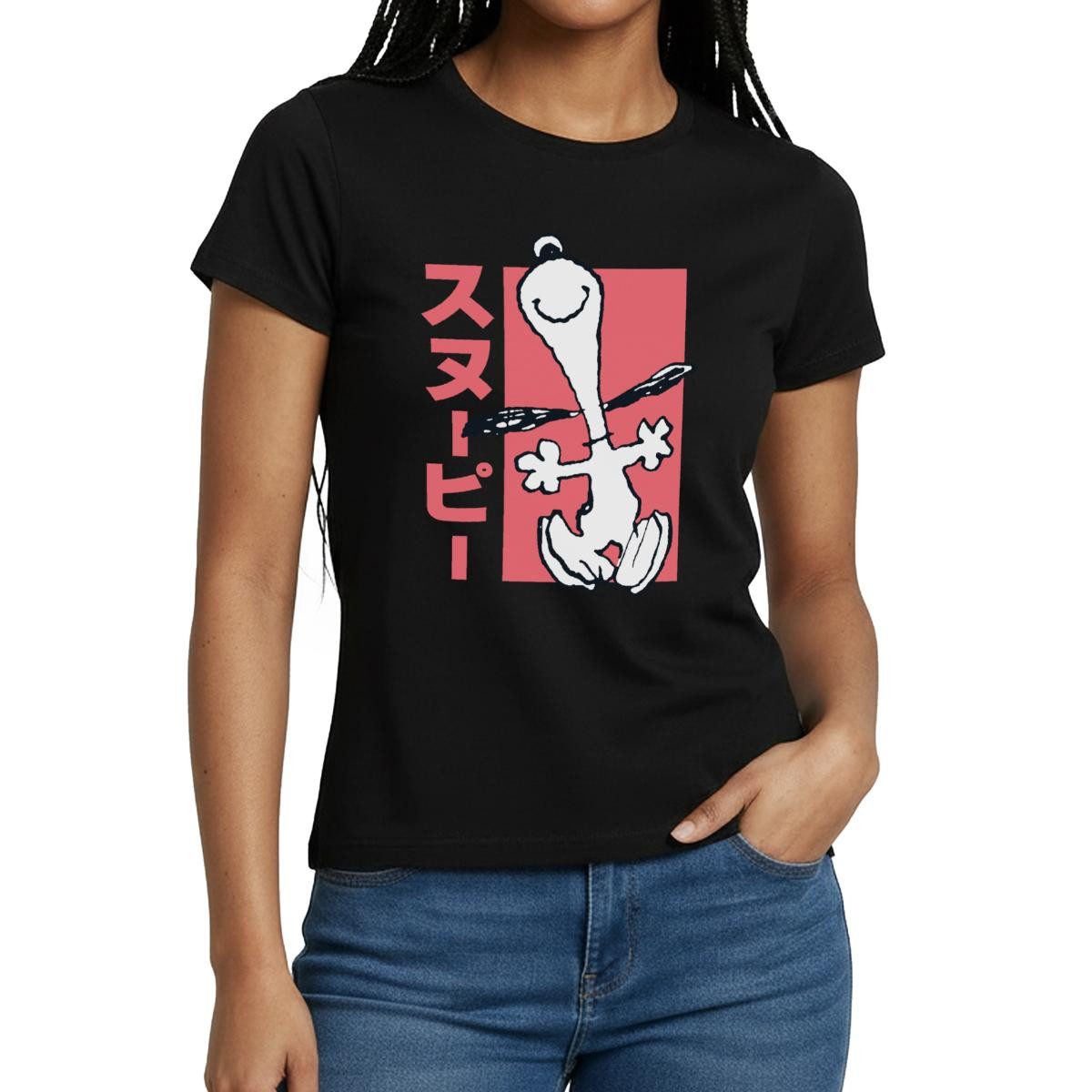 Spreadshirt T-Shirt Peanuts Happy Snoopy Anime Stil Frauen T-Shirt (1-tlg) Slim Fit, fällt klein aus