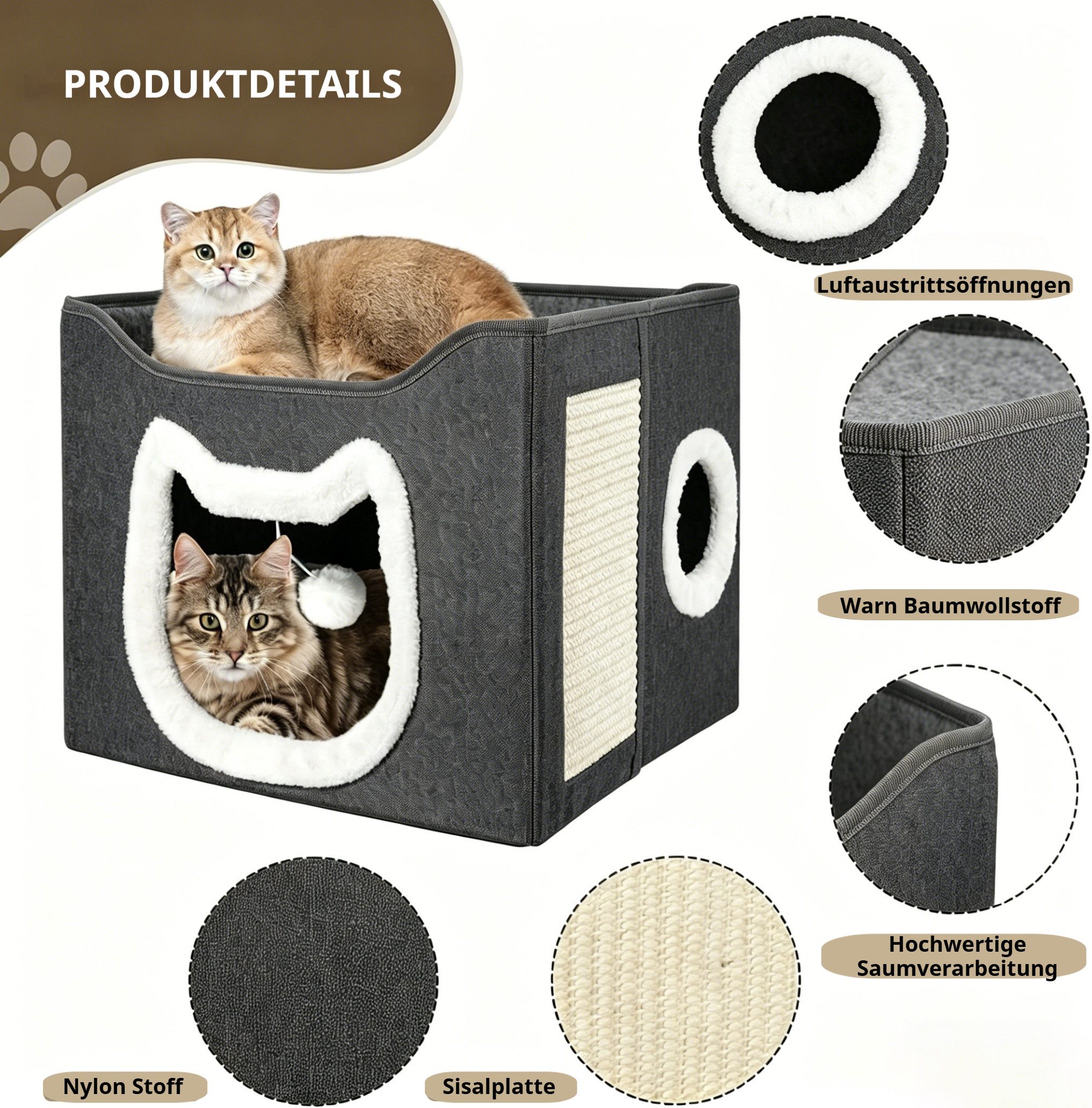 BlingBin Katzenzelt Faltbares 2-Ebenen Katzenhaus mit Kratzbrett und Spielball, große Haustierhöhle für Katzen und Hunde drinnen & draußen
