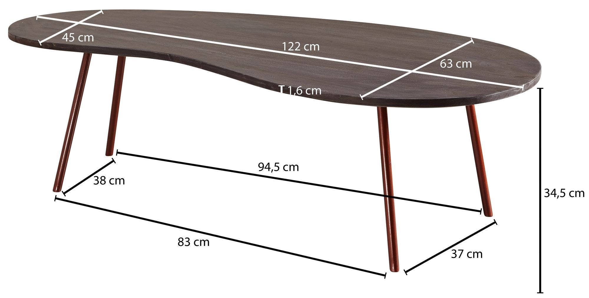 122x34,5x63 Kupfer, Massivholztisch, cm Couchtisch Holztisch möbelando cm Metall, Akazie JAI Metallbeinen mit Nierentisch Akazie mit, Modern Grau, Flach Tischbeine JAI Massivholz 122x34,5x63 Couchtisch Design Tisch Design Cooler Couchtisch