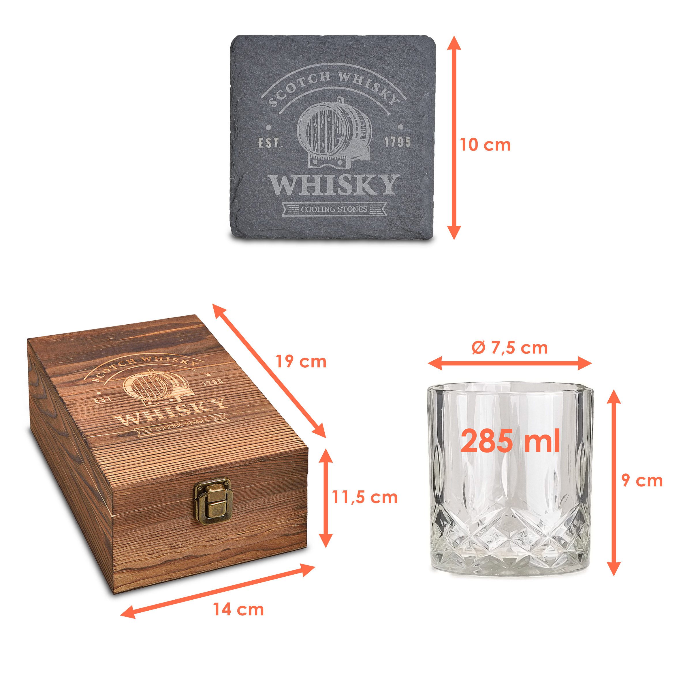 Woma Eiswürfel-Steine Basalt Whisky Steine Geschenk Set in edler Holzbox - 8-teilig, Wiederverwendbare Kühlwürfel mit Glas, Untersetzer und Zange
