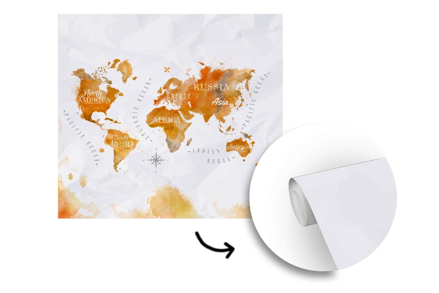 Weltkarten für Schlafzimmer Wohnzimmer Küche, Vliestapete Gold, - MuchoWow bedruckt, (4 St), Aquarell Matt, Fototapete Fototapete -