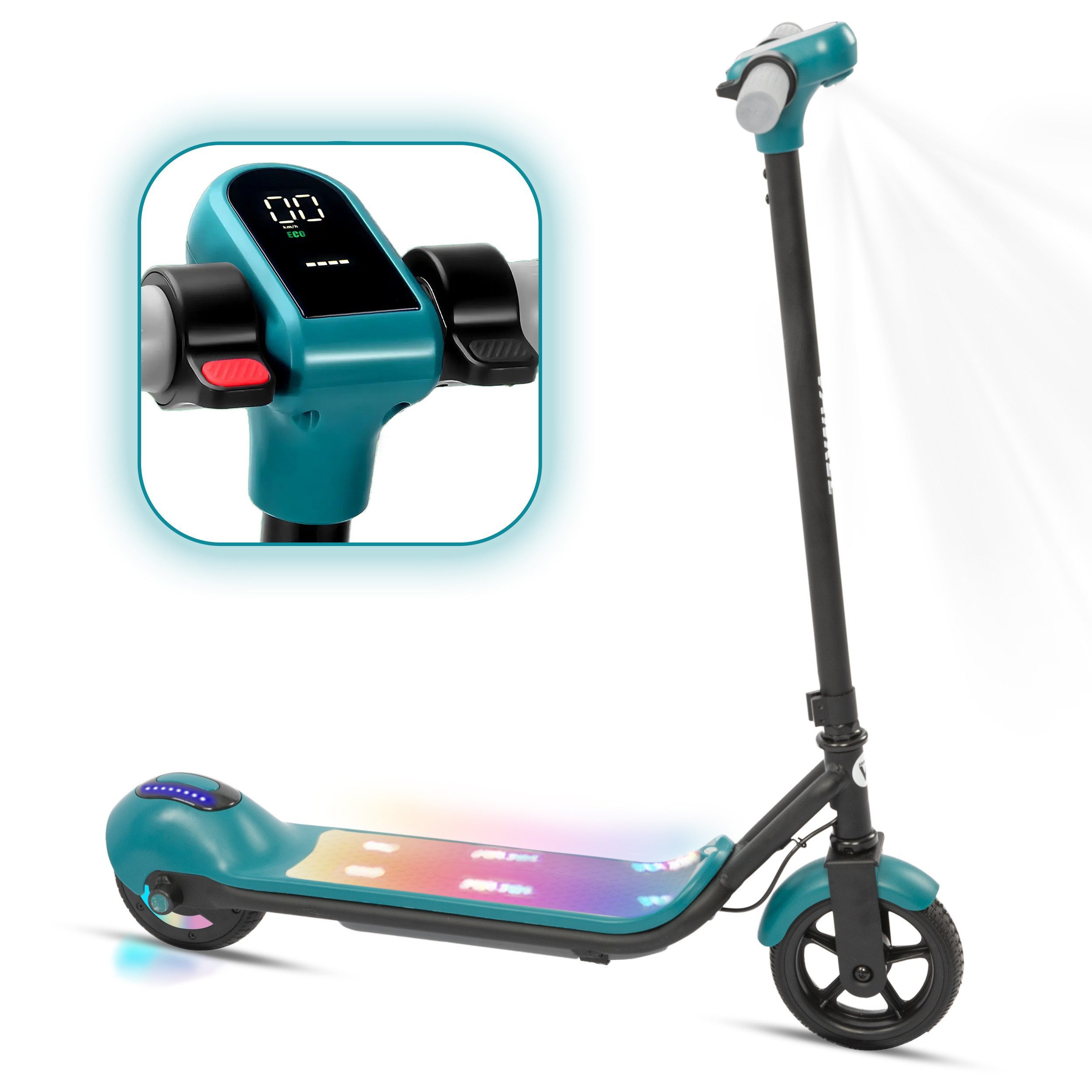 Vankel Elektro-Kinderroller Cityroller, E Scooter für Kinder, 6-12 Jahre, Bluetooth+Bunte Lichter, 14km/h, bis zu 10km, nur 7kg, Tragfähigkeit 60 kg