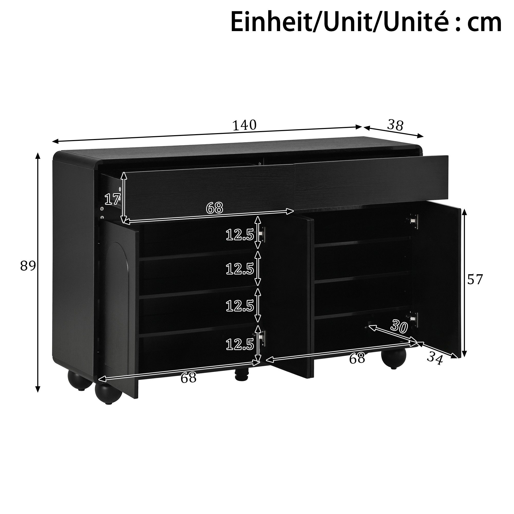 REDOM Sideboard Praktischer Stauraumschrank (Packung, 1 St., Schwarz, PB+MDF, Metallfüße), 140x89x38cm, 2 Schubladen + 4 Türen