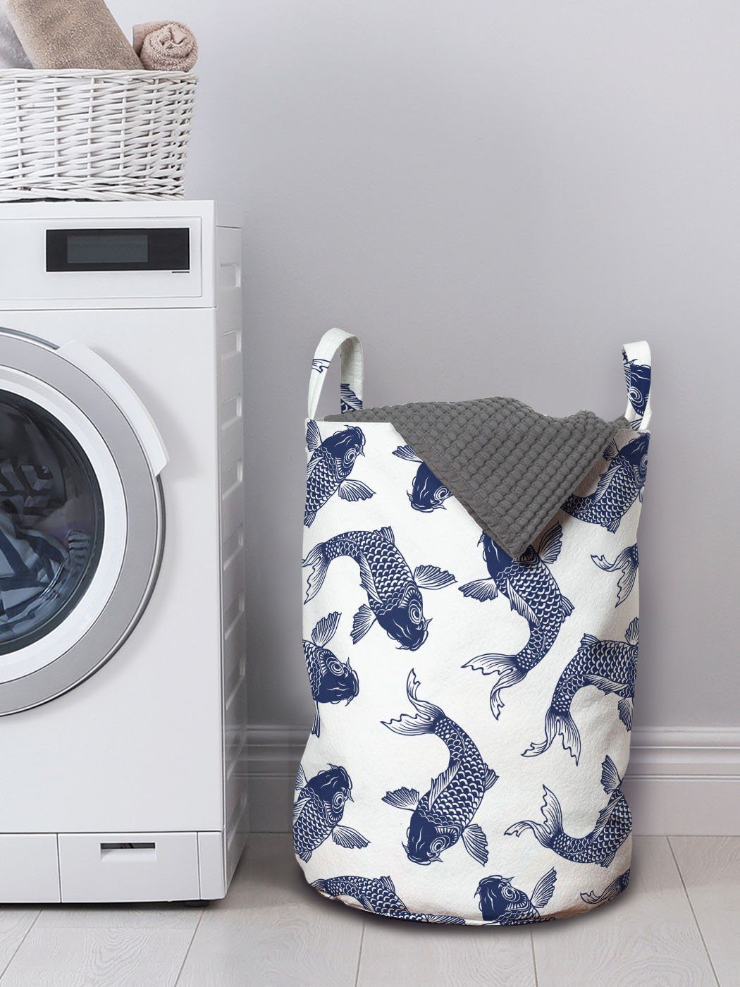 Karpfen Kordelzugverschluss Griffen Abakuhaus Wäschekorb für Waschsalons, Japanischer mit Sketch Fische Wäschesäckchen