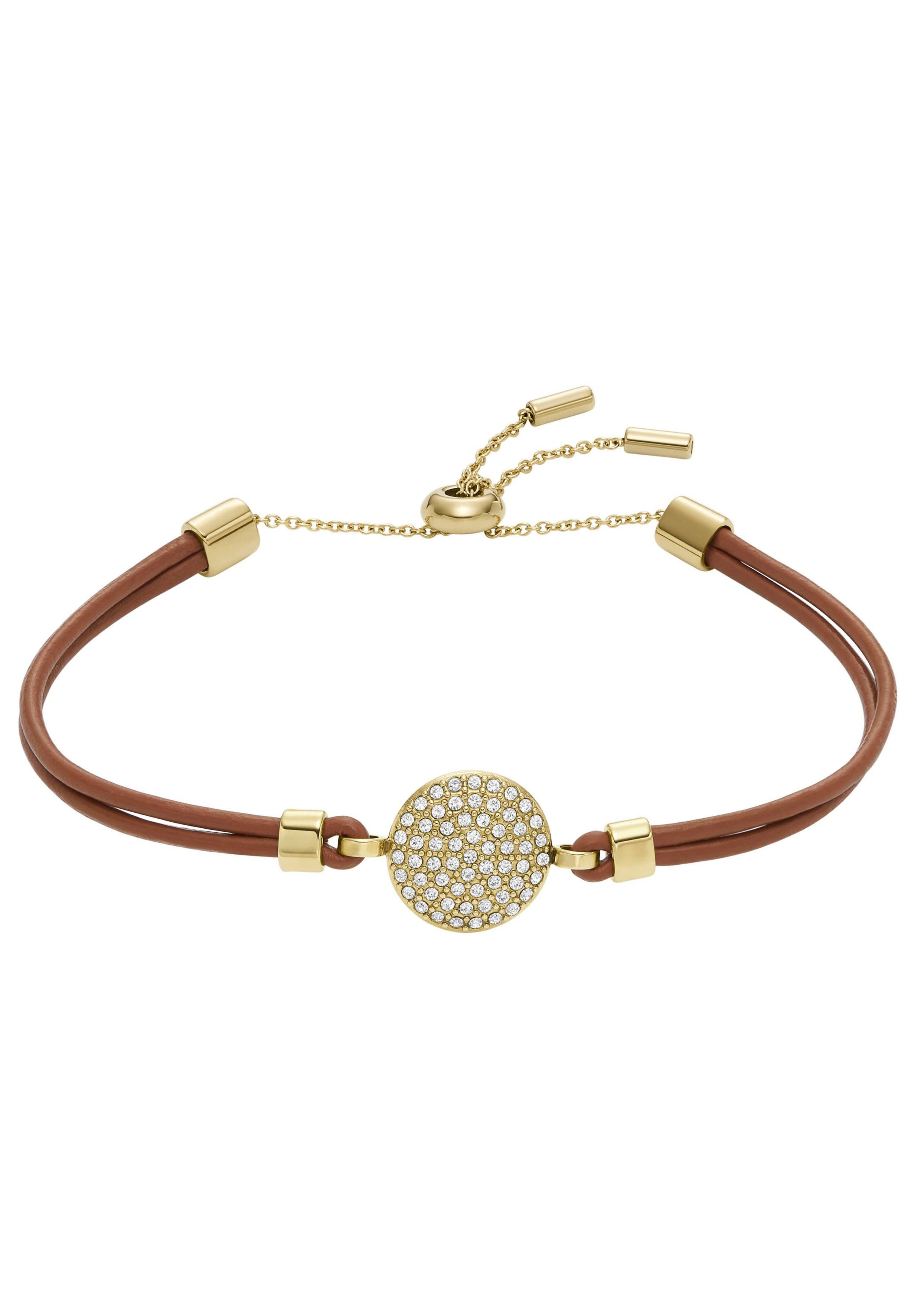 Fossil Armband Schmuck Edelstahl Leder Armschmuck SADIE GLITZ DISC, mit Glasstein