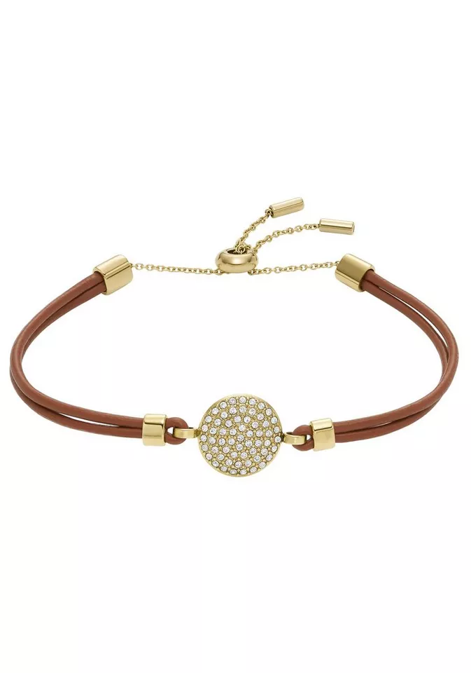 Fossil Armband Schmuck Edelstahl Leder Armschmuck SADIE GLITZ DISC, mit Glasstein
